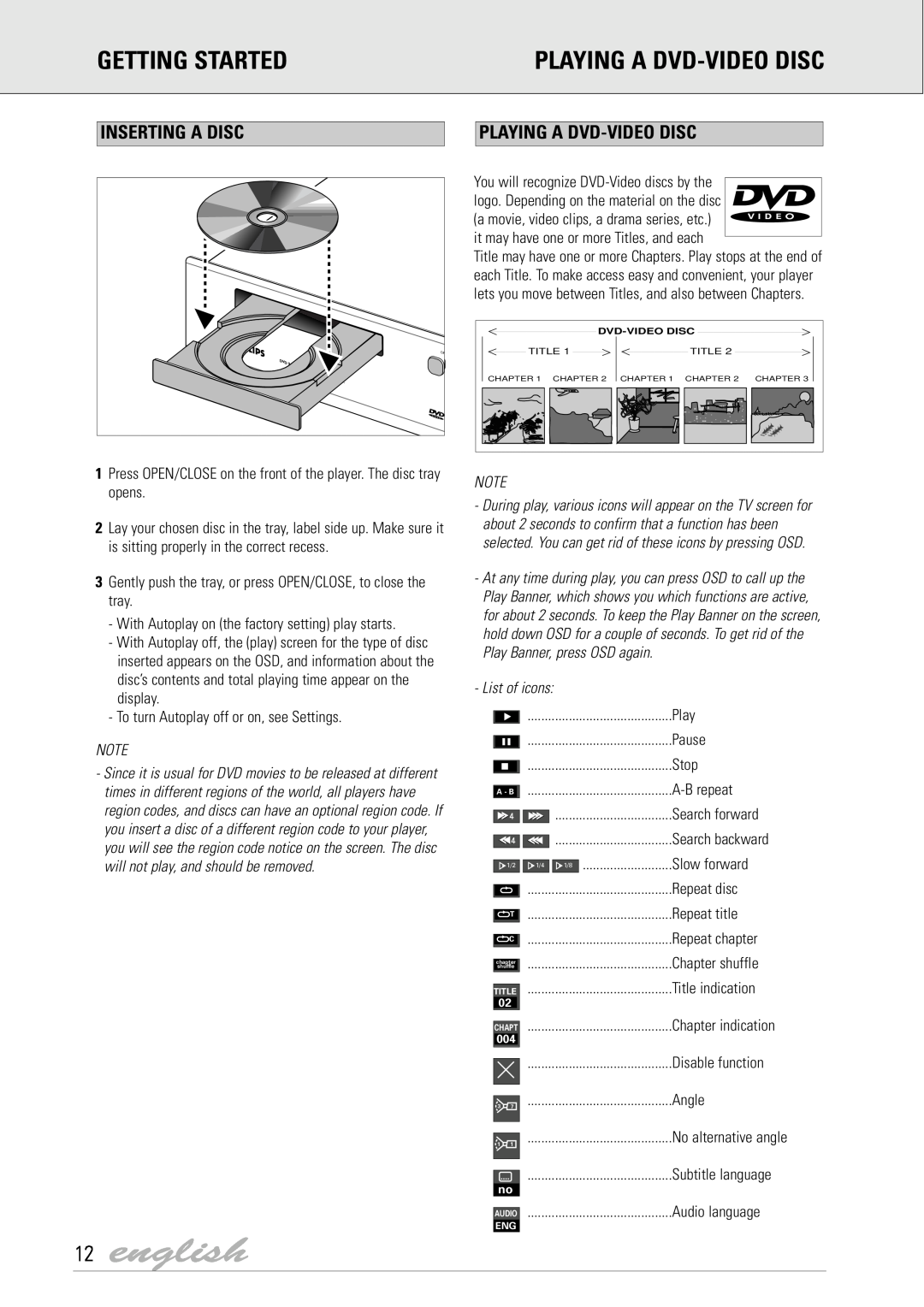 Dolby Laboratories DVD Video manual english, Playing A Dvd-Video Disc, Inserting A Disc, Audio language, Getting Started 