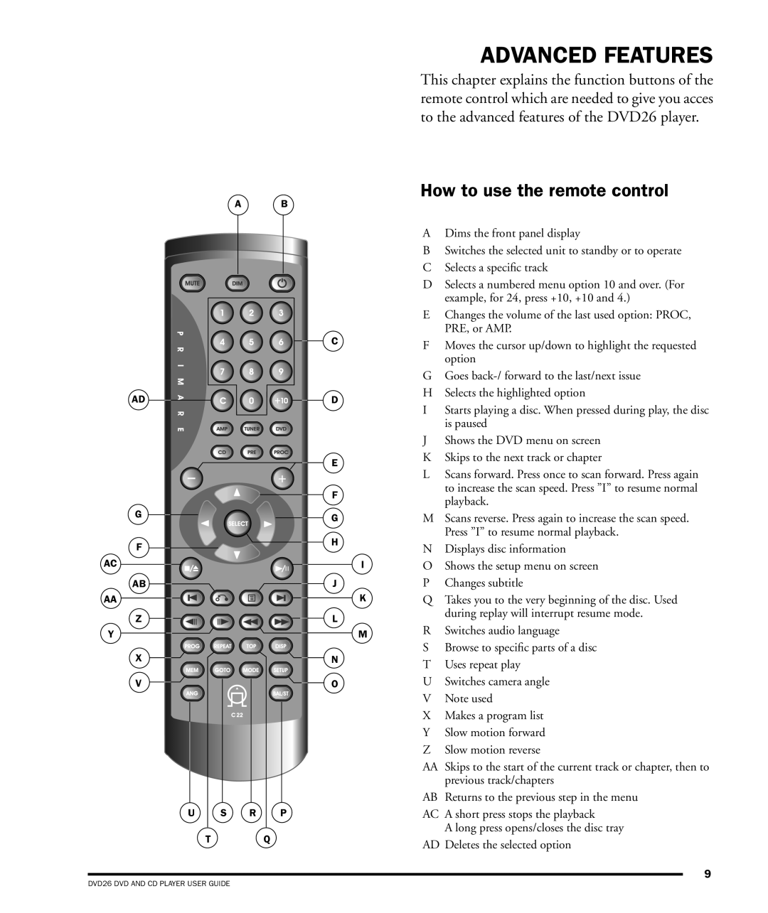 Dolby Laboratories DVD26 manual Advanced Features, How to use the remote control 