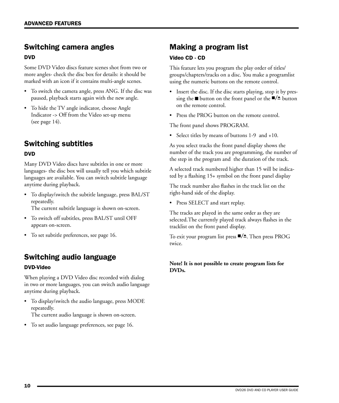 Dolby Laboratories DVD26 Switching camera angles, Switching subtitles, Switching audio language, Making a program list 