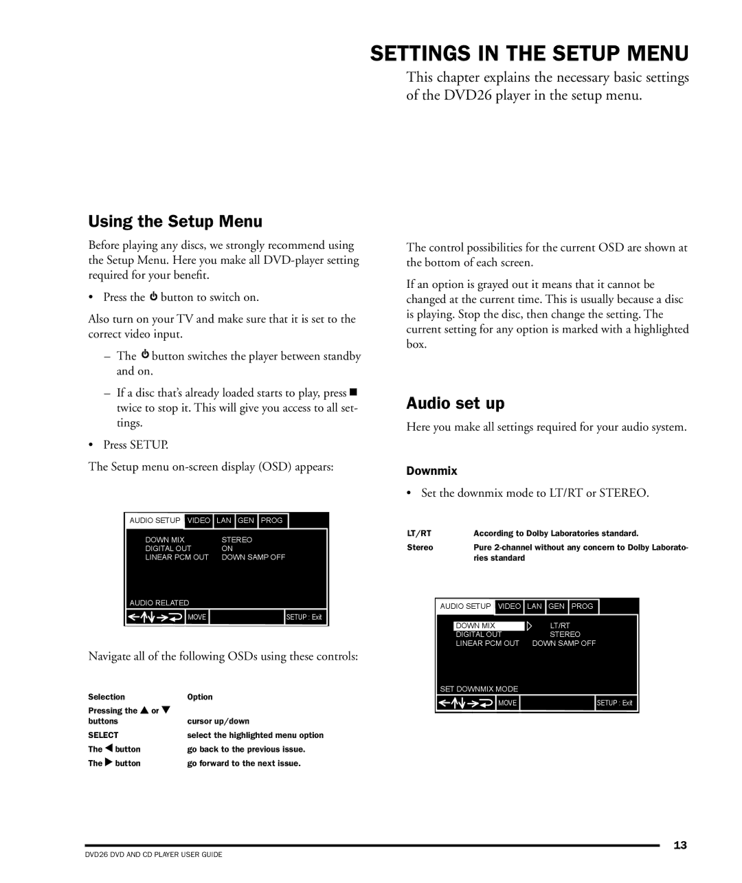 Dolby Laboratories DVD26 manual Settings in the Setup Menu, Using the Setup Menu, Audio set up, Downmix 