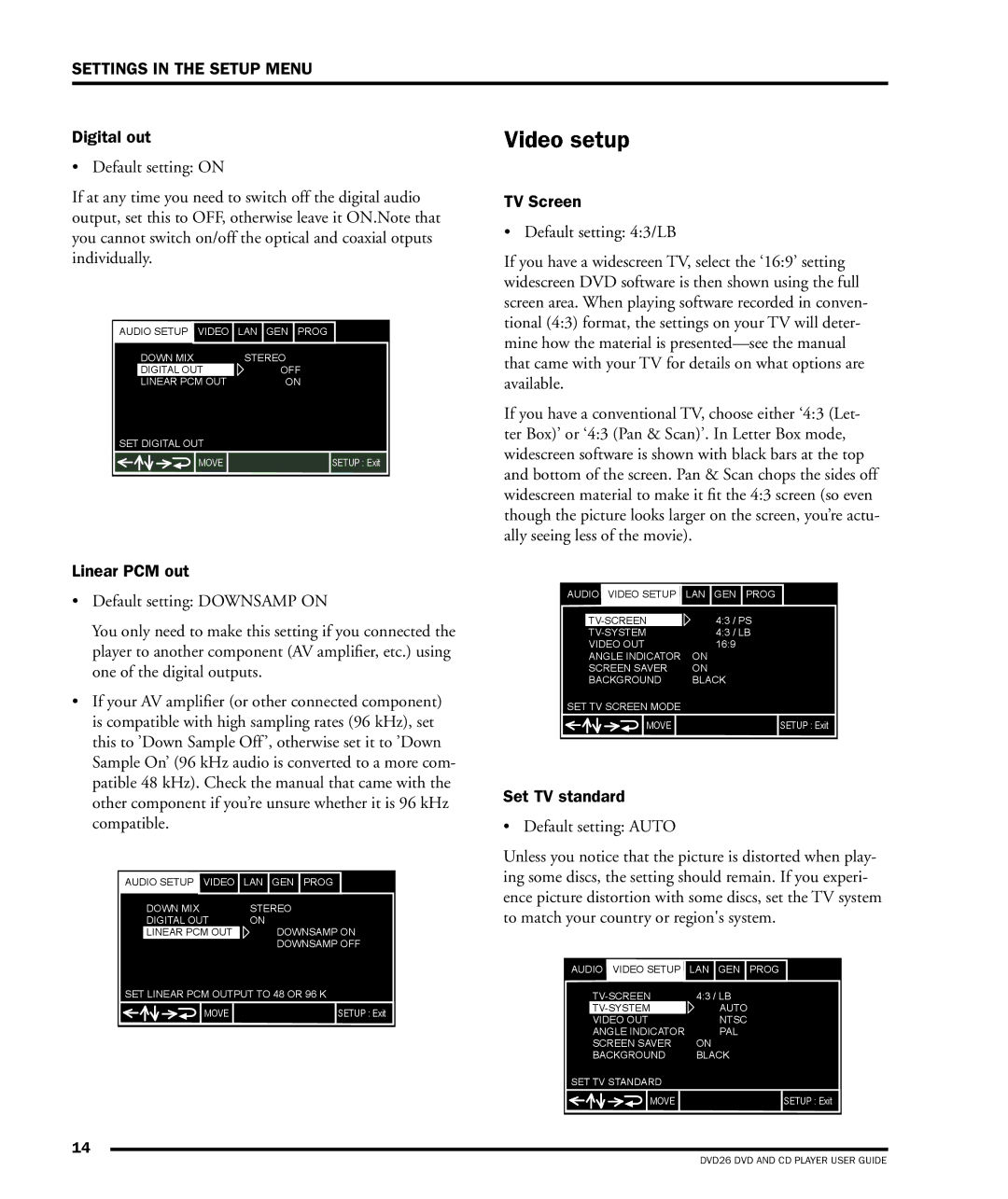 Dolby Laboratories DVD26 manual Digital out, Linear PCM out, TV Screen, Set TV standard 