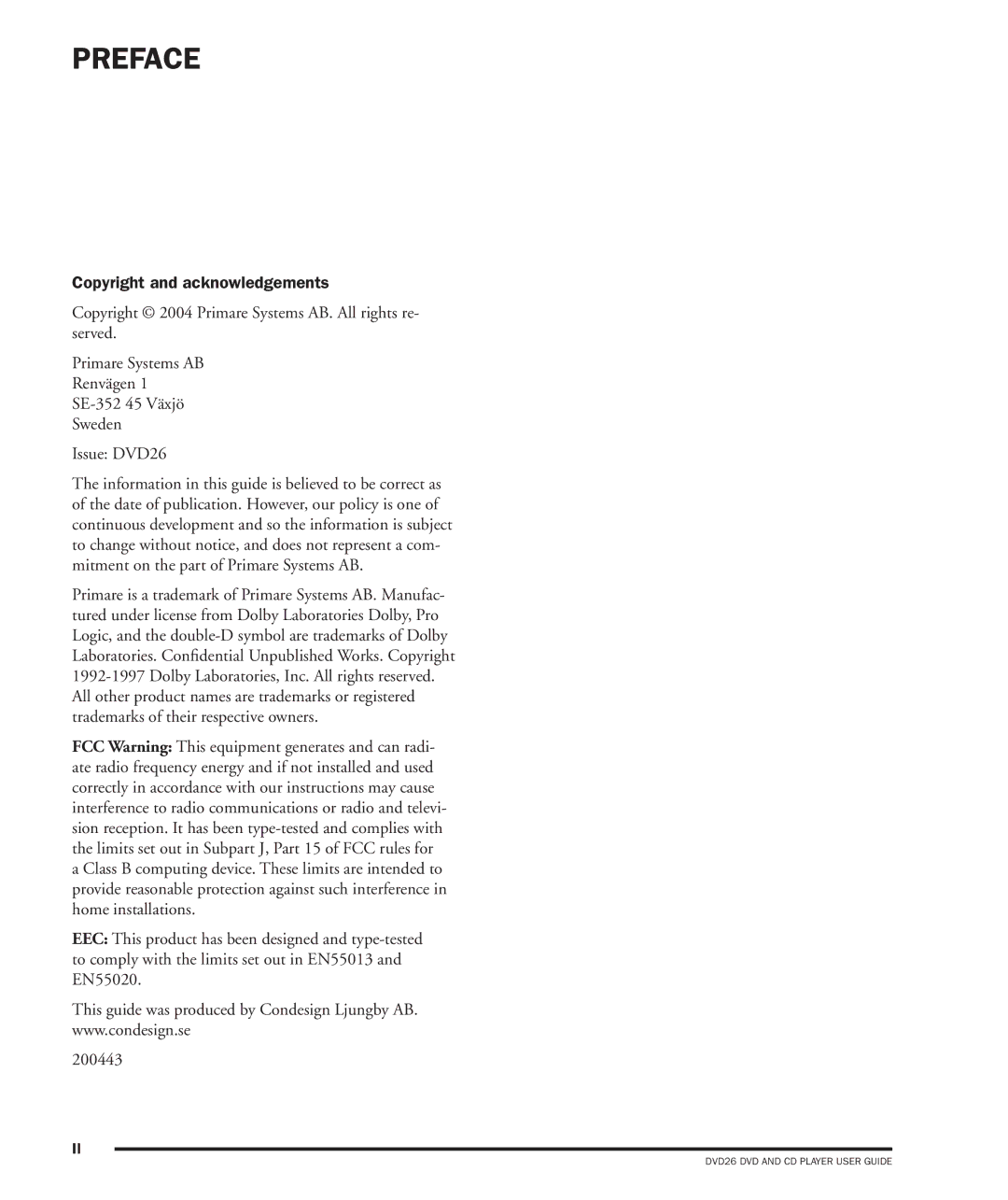 Dolby Laboratories DVD26 manual Preface, Copyright and acknowledgements 