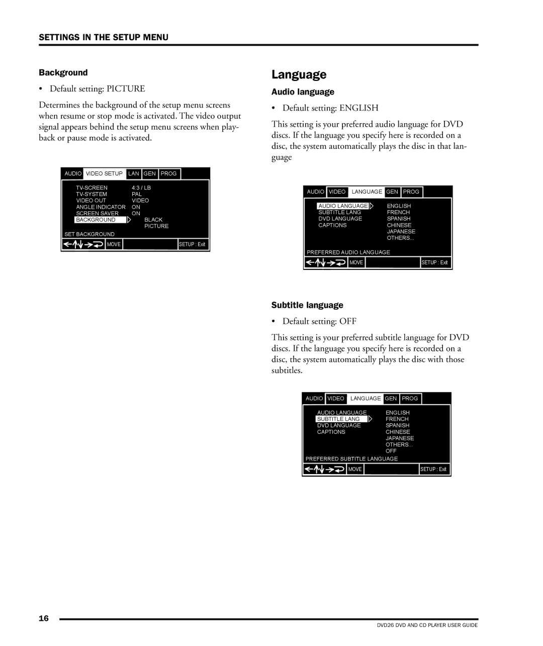 Dolby Laboratories DVD26 manual Background, Audio language, Subtitle language 