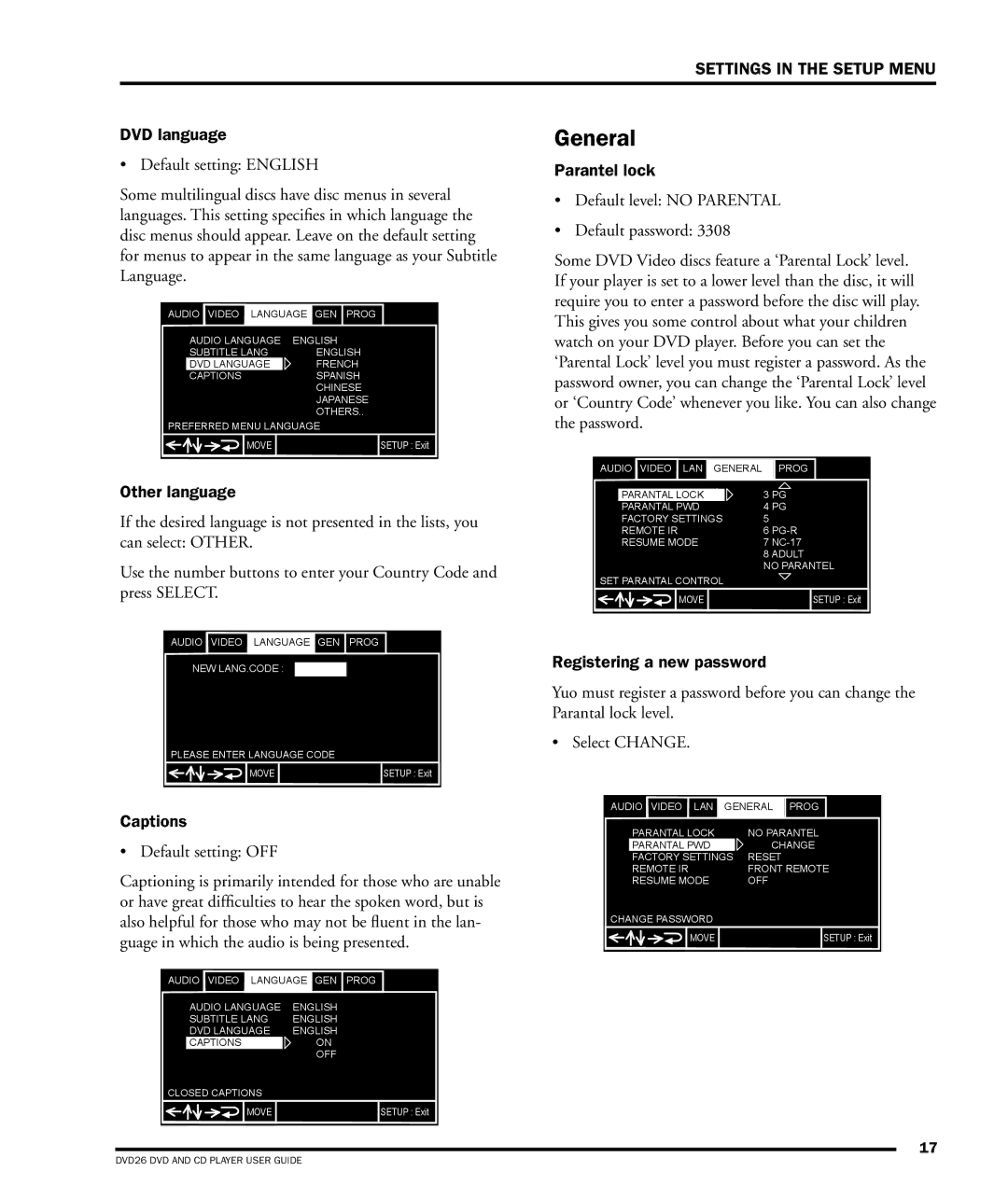 Dolby Laboratories DVD26 manual General, DVD language, Other language, Parantel lock, Registering a new password 