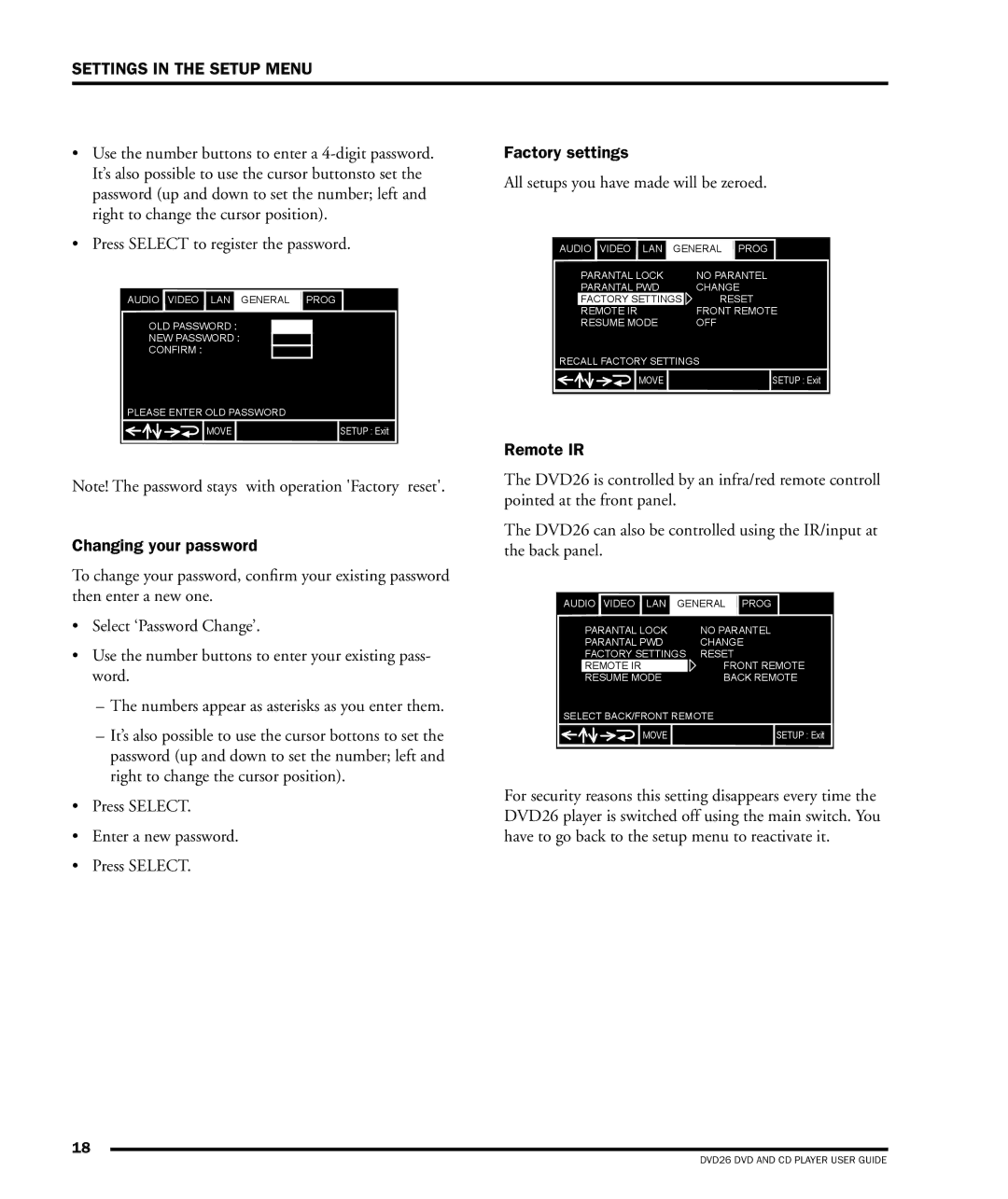 Dolby Laboratories DVD26 manual Changing your password, Factory settings, Remote IR 