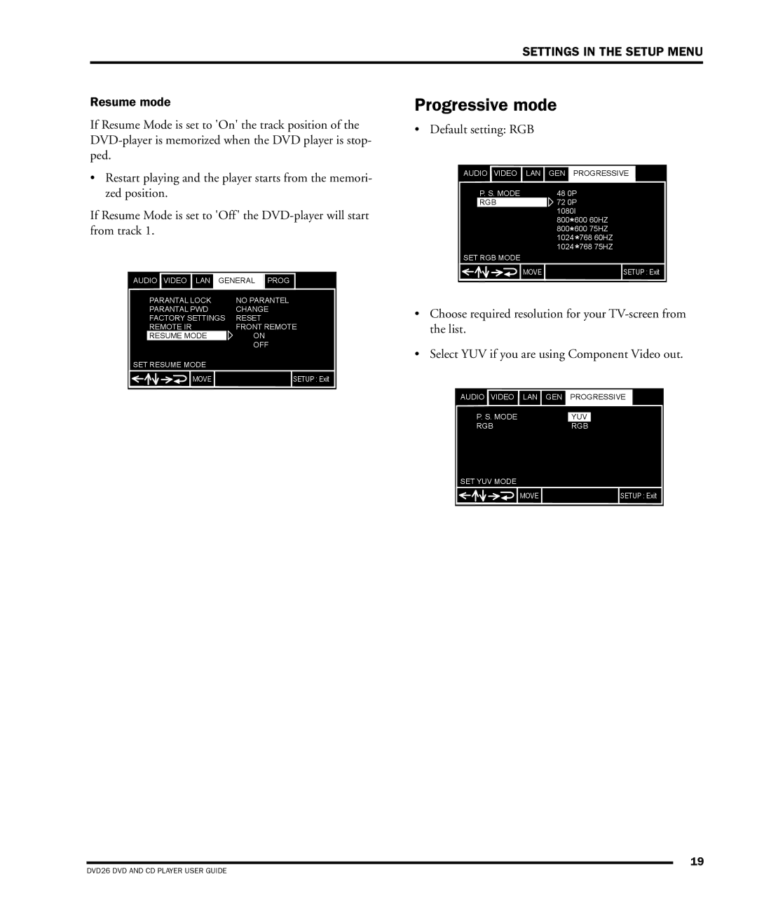 Dolby Laboratories DVD26 manual Progressive mode, Resume mode, Default setting RGB 