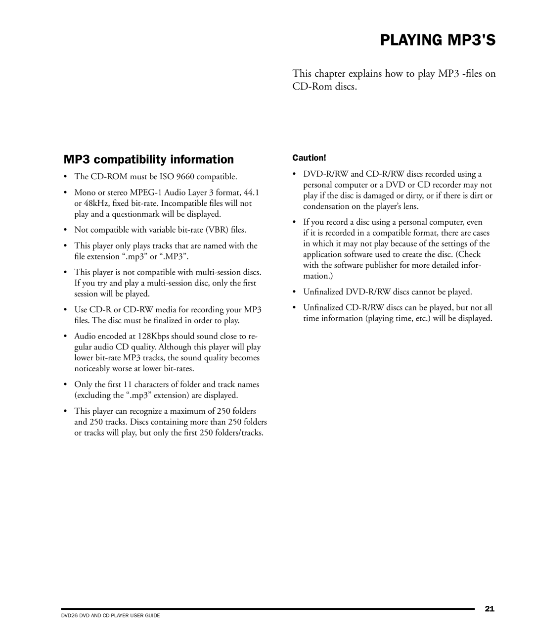 Dolby Laboratories DVD26 manual Playing MP3S, MP3 compatibility information, CD-ROM must be ISO 9660 compatible 