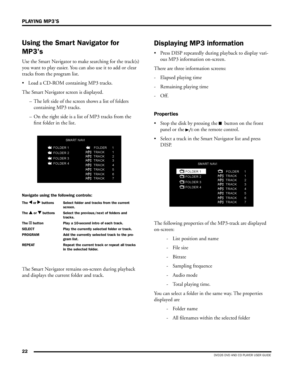 Dolby Laboratories DVD26 manual Using the Smart Navigator for MP3s, Displaying MP3 information, Properties 