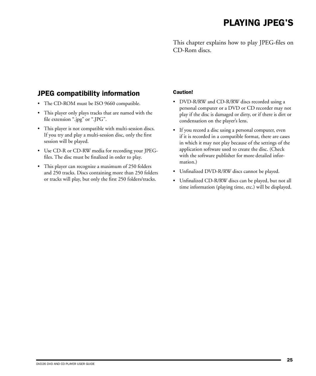 Dolby Laboratories DVD26 manual Playing Jpegs, Jpeg compatibility information 