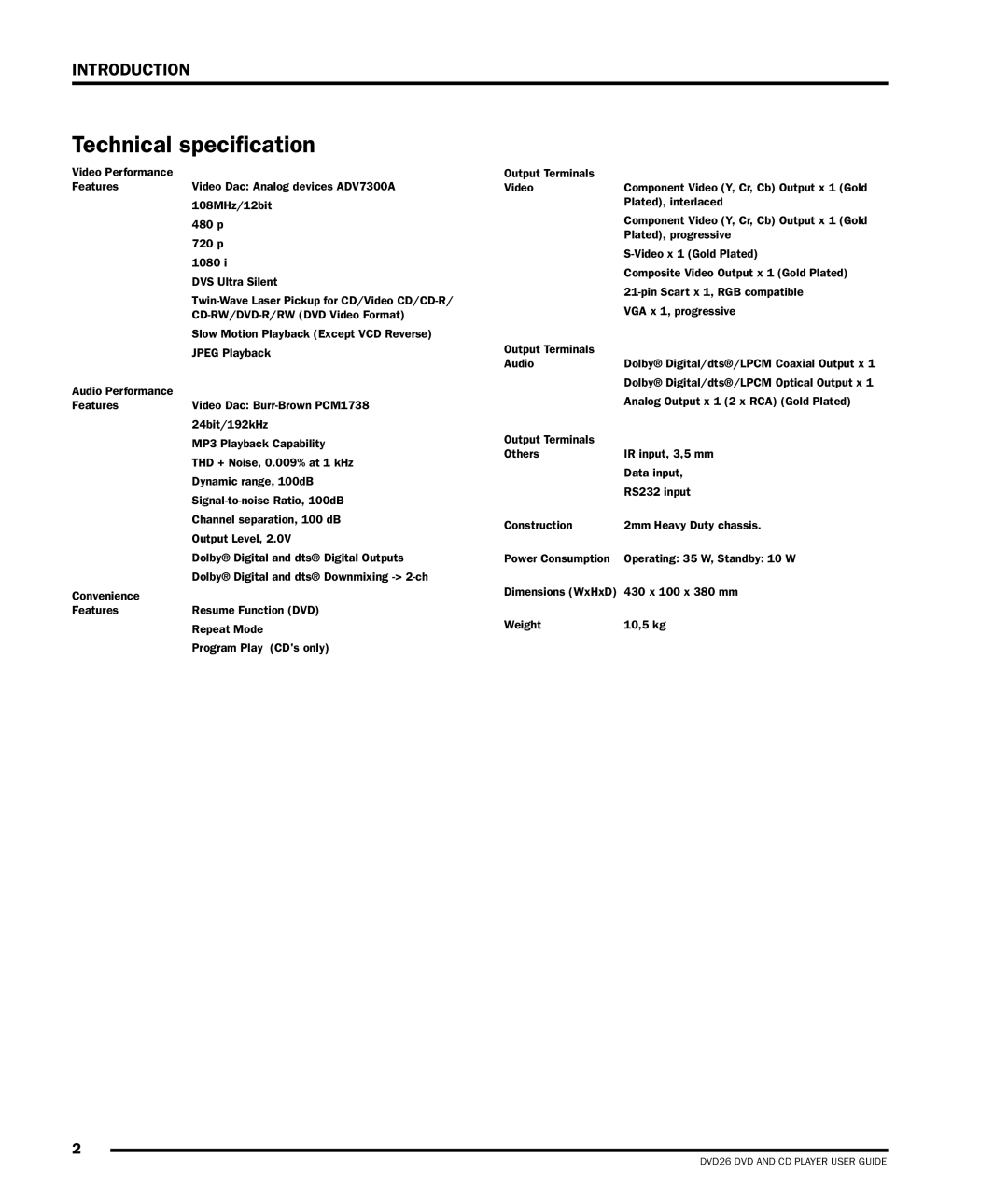 Dolby Laboratories DVD26 manual Technical specification 