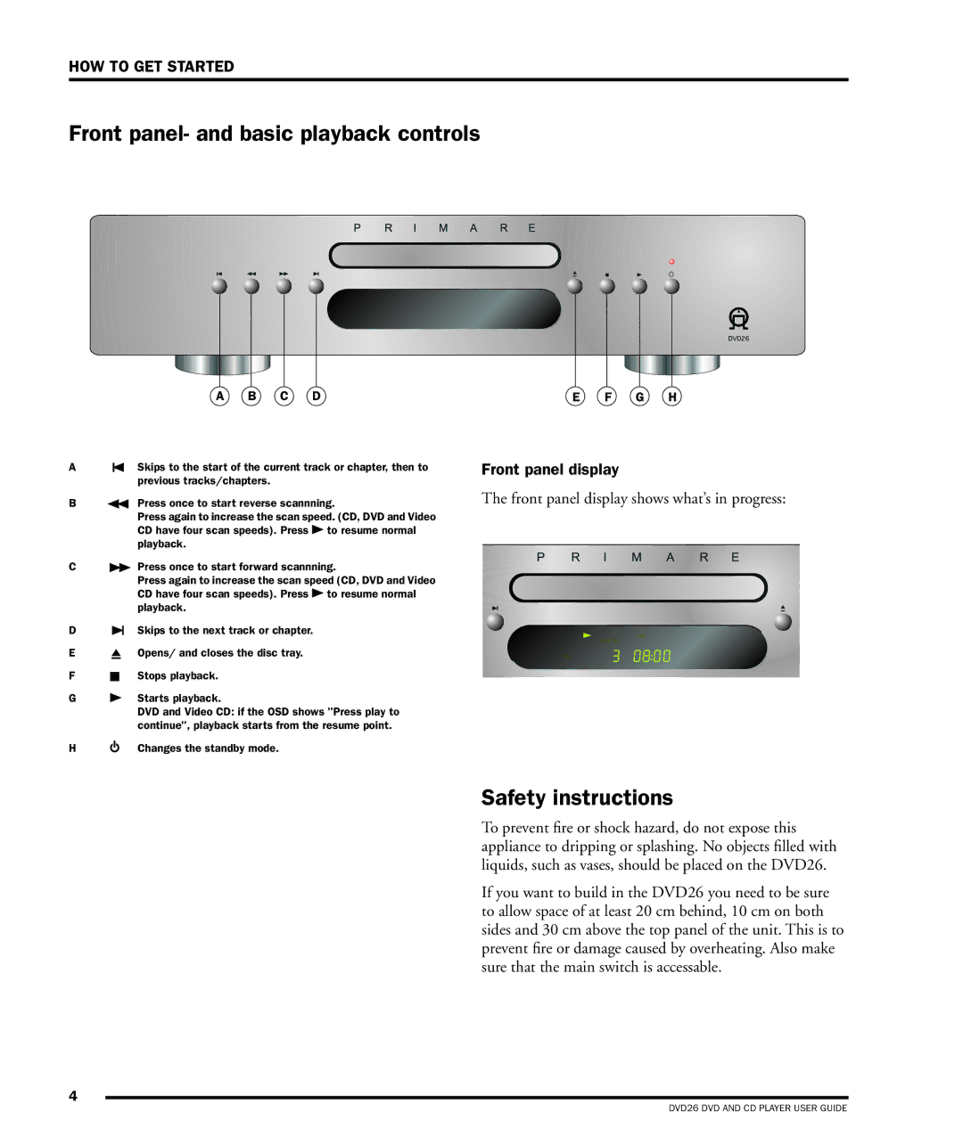 Dolby Laboratories DVD26 manual Front panel- and basic playback controls, Safety instructions, Front panel display 