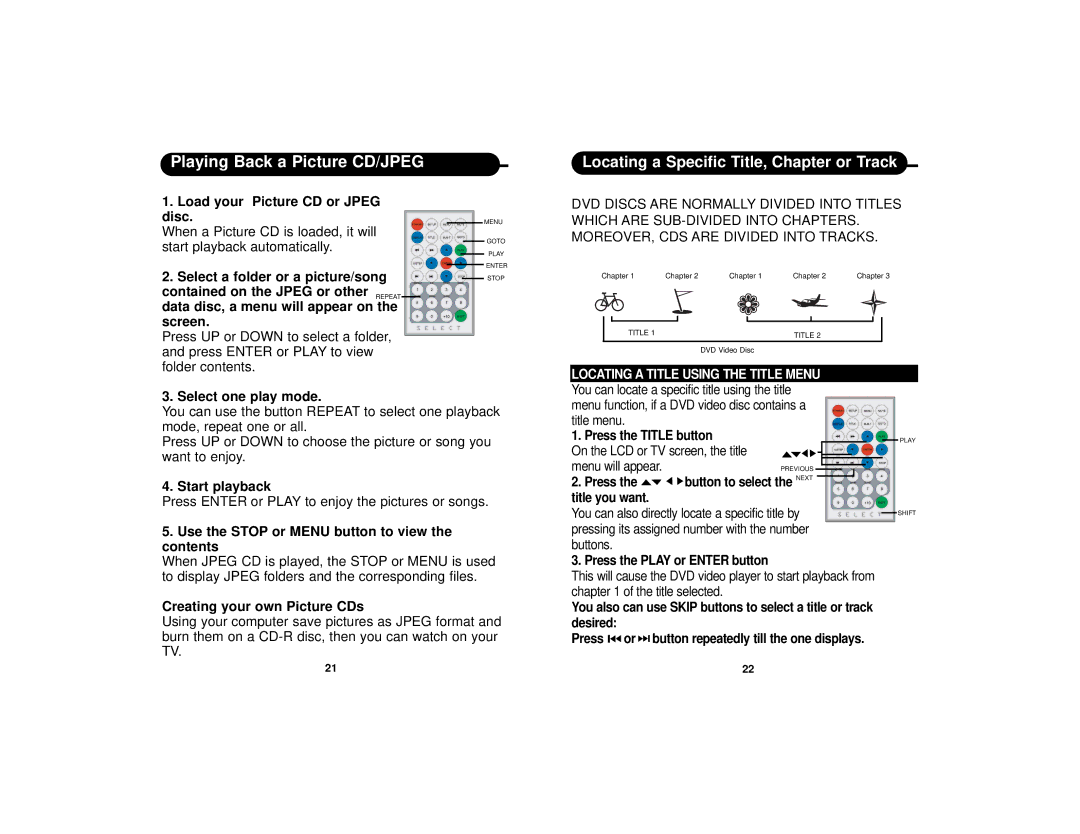 Dolby Laboratories DVD7016 Load your Picture CD or Jpeg Disc, Select a folder or a picture/song, Select one play mode 