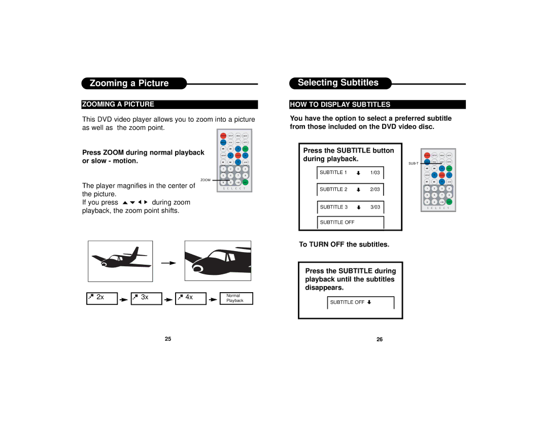 Dolby Laboratories DVD7016 manual Zooming a Picture, Selecting Subtitles, HOW to Display Subtitles 