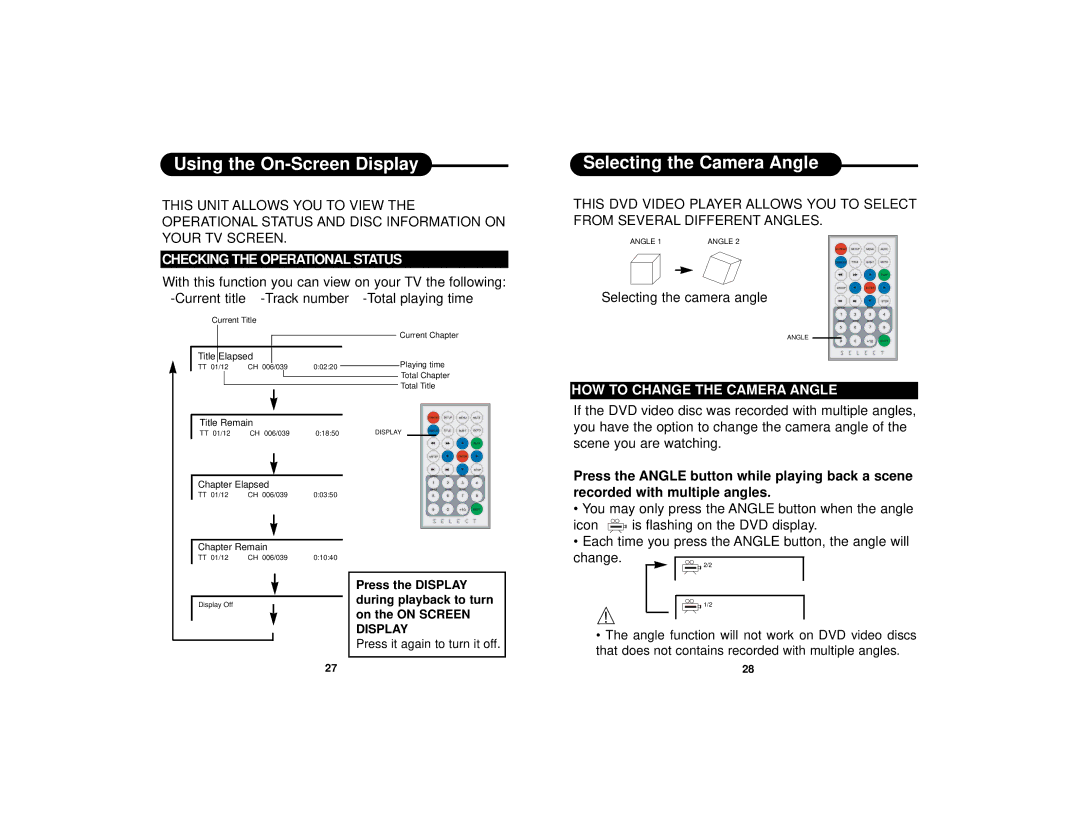 Dolby Laboratories DVD7016 manual Using the On-Screen Display, Selecting the Camera Angle, Checking the Operational Status 