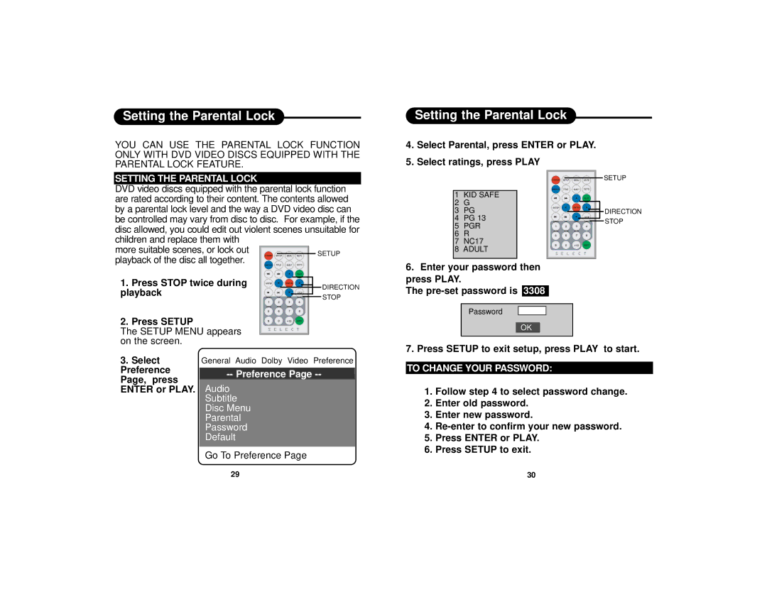 Dolby Laboratories DVD7016 manual Setting the Parental Lock, To Change Your Password 