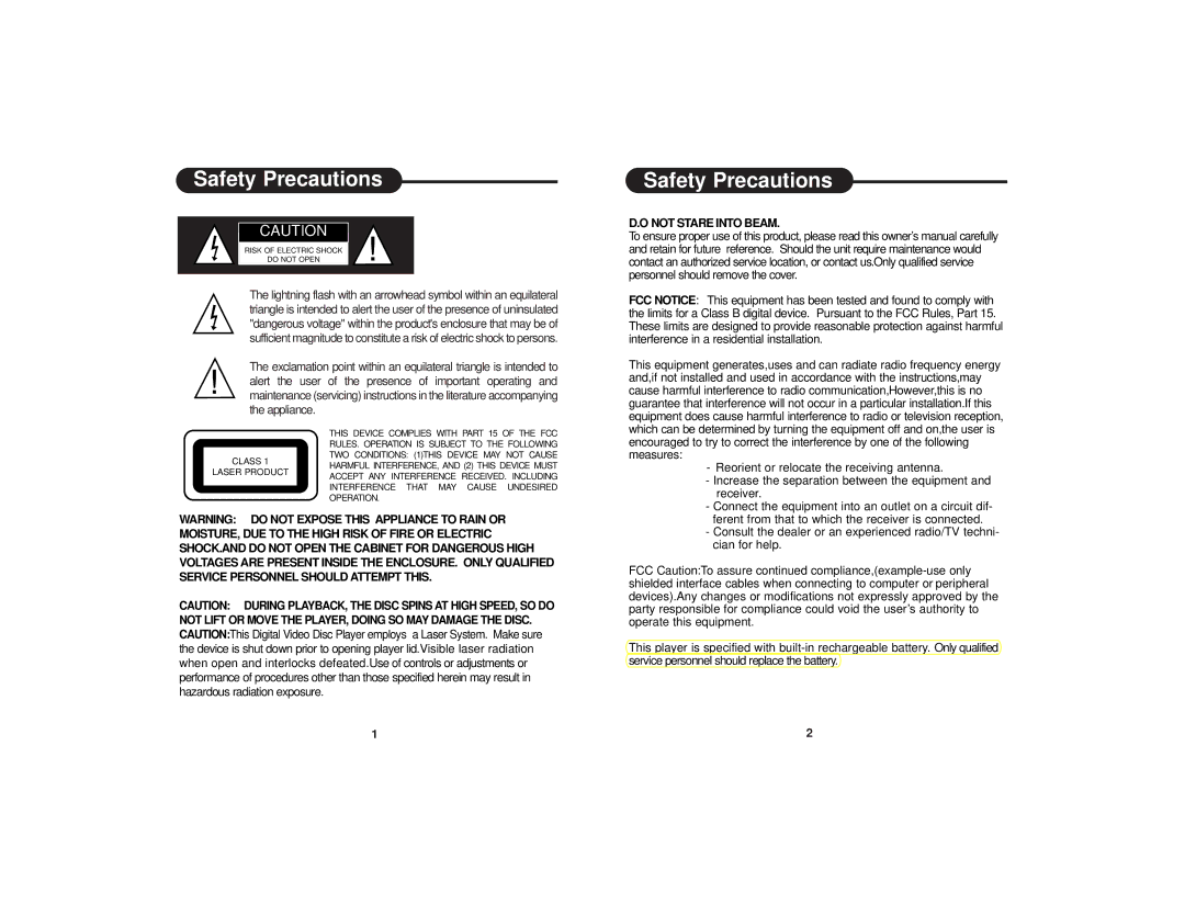 Dolby Laboratories DVD7016 manual Safety Precautions 