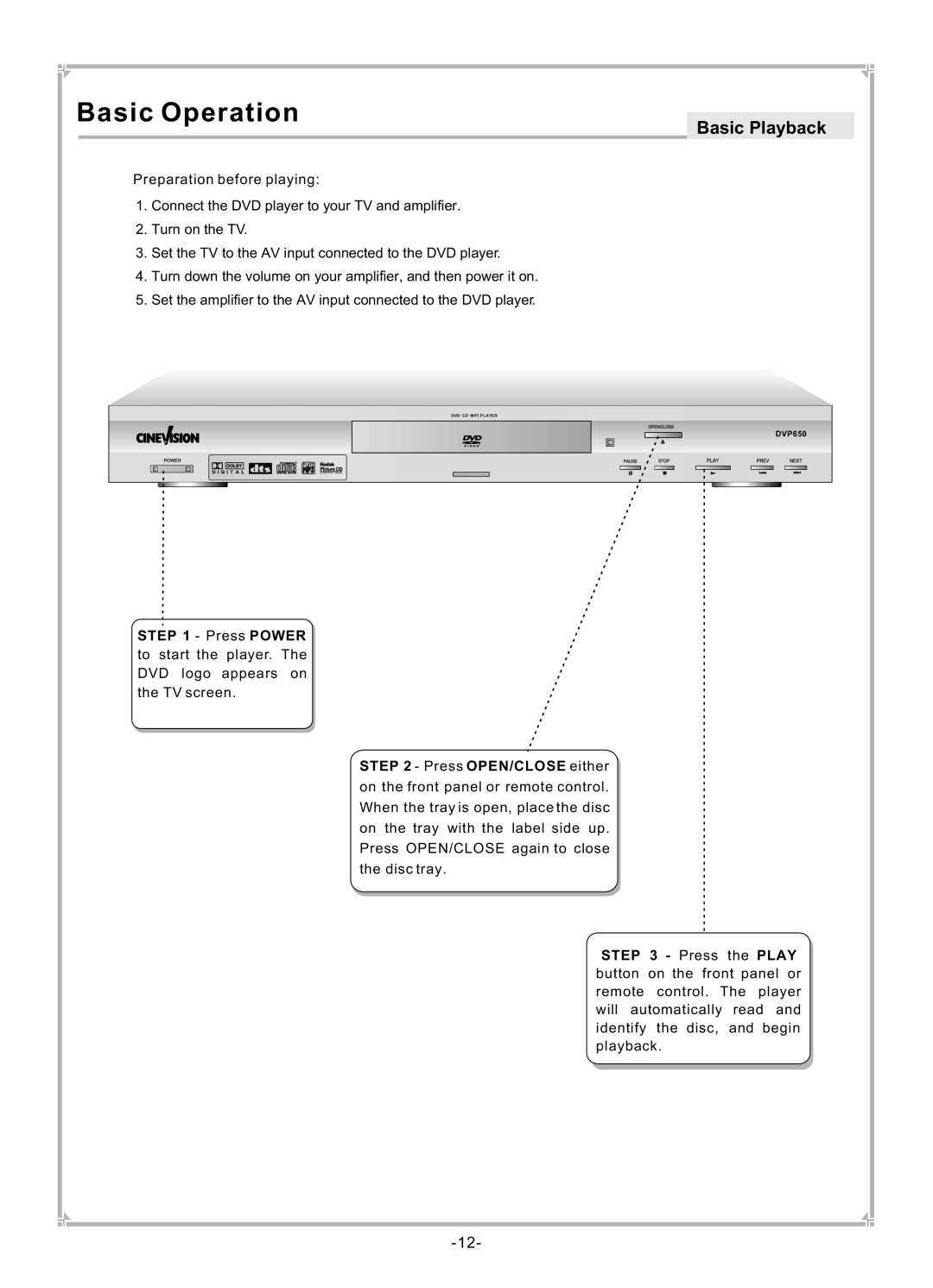 Dolby Laboratories DVP650 user manual Basic Operation, Basic Playback 