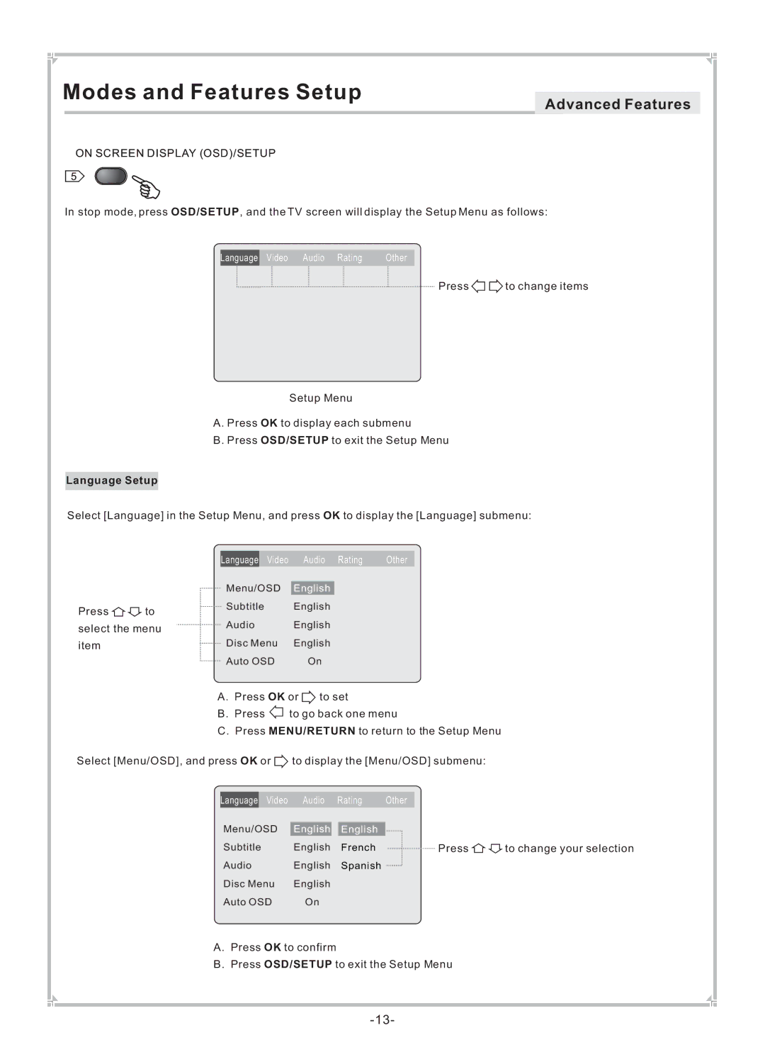 Dolby Laboratories DVP650 user manual Modes and Features Setup, Advanced Features, On Screen Display OSD/SETUP 