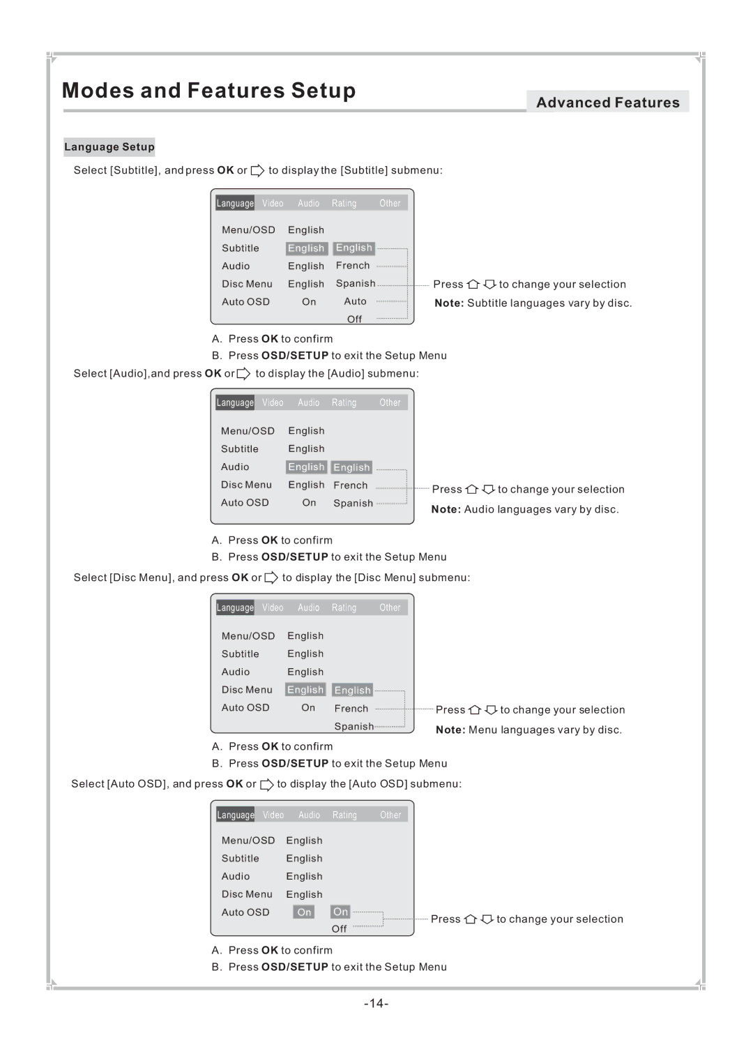 Dolby Laboratories DVP650 user manual Menu/OSD English Subtitle 