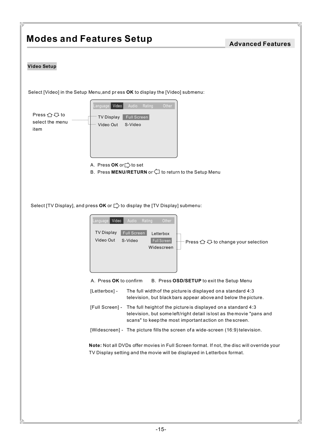 Dolby Laboratories DVP650 user manual Video Setup 