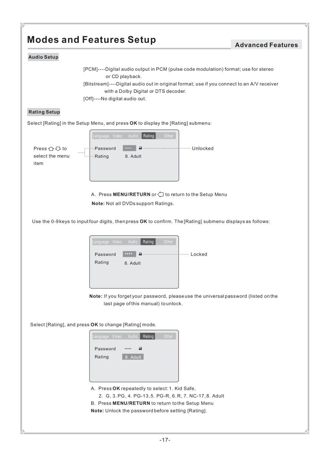 Dolby Laboratories DVP650 user manual Rating Setup 