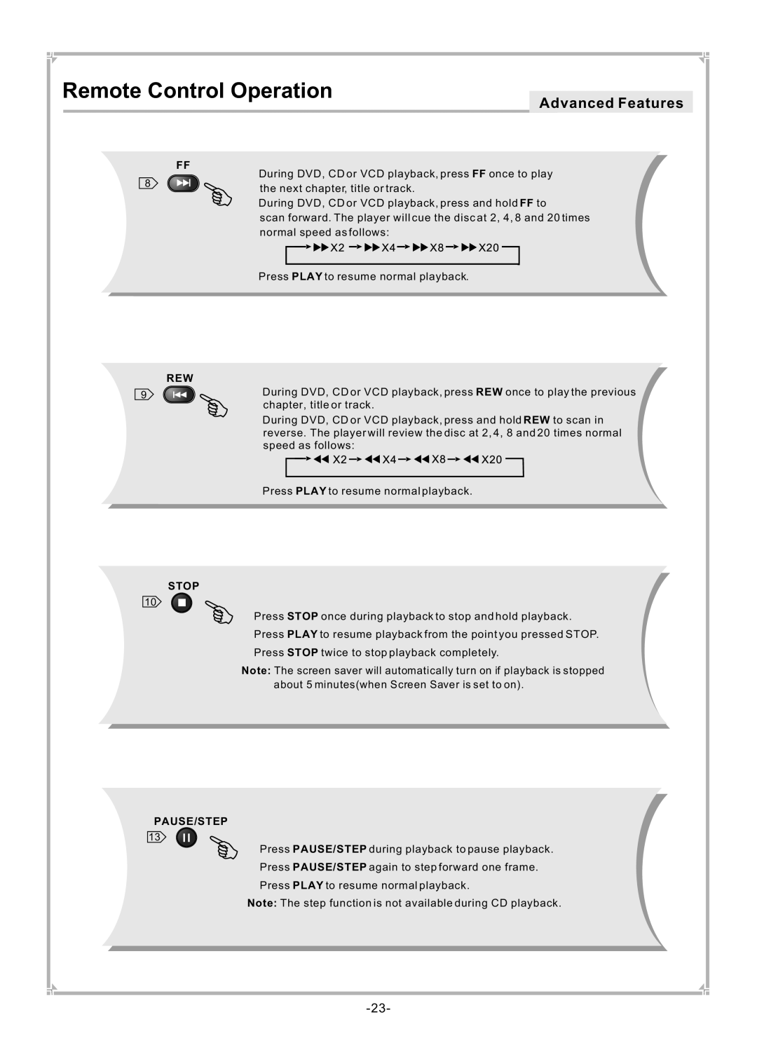 Dolby Laboratories DVP650 user manual REW Stop PAUSE/STEP, Track numbers Next chapter, title or track 