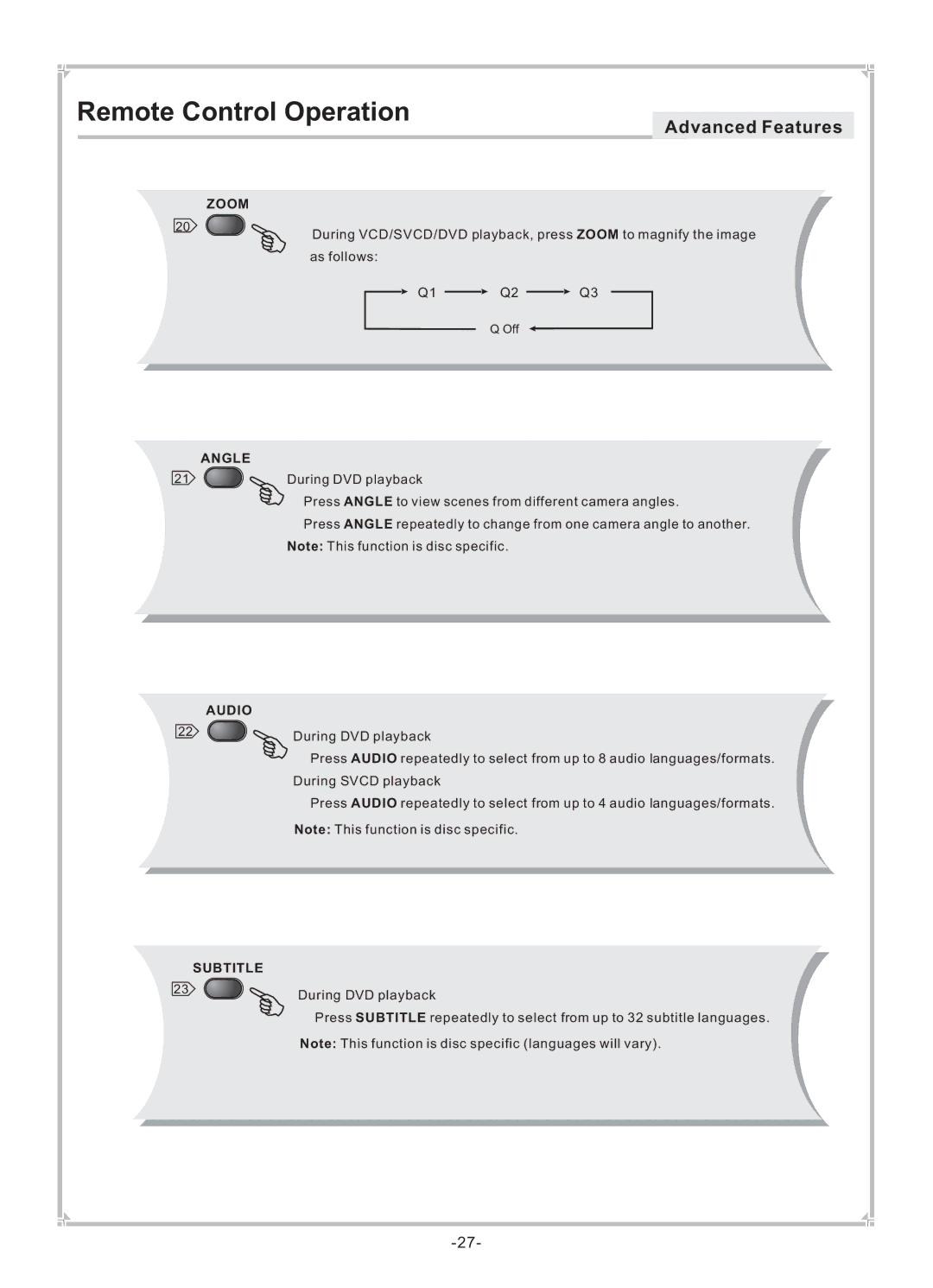 Dolby Laboratories DVP650 user manual Zoom Angle Audio, Subtitle 