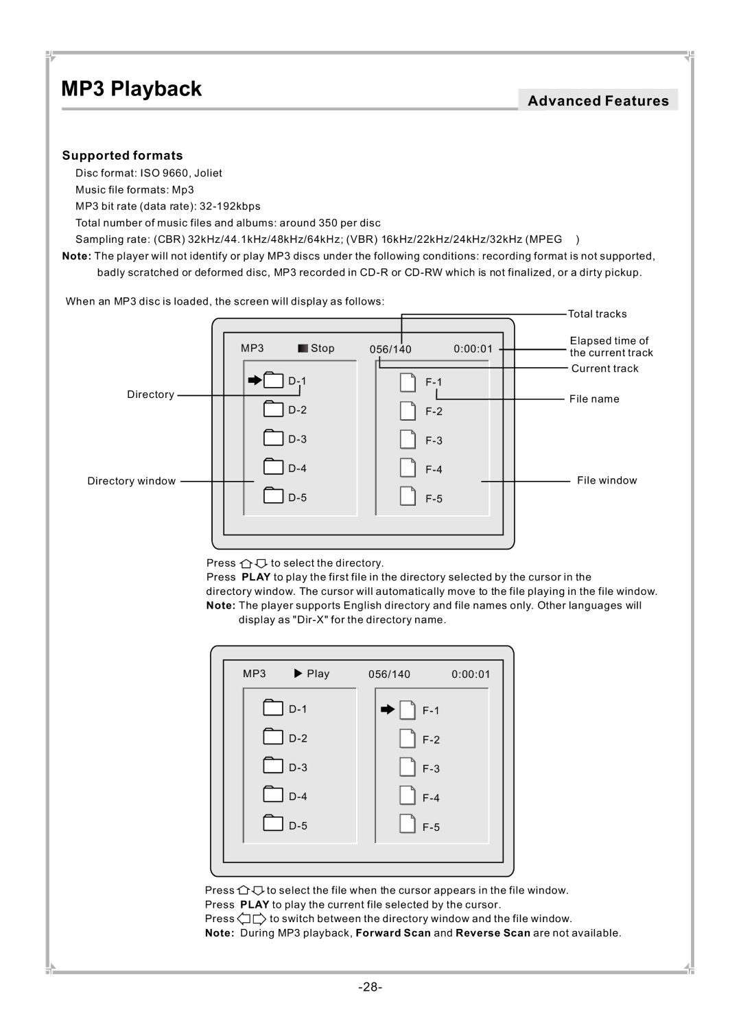 Dolby Laboratories DVP650 user manual MP3 Playback 