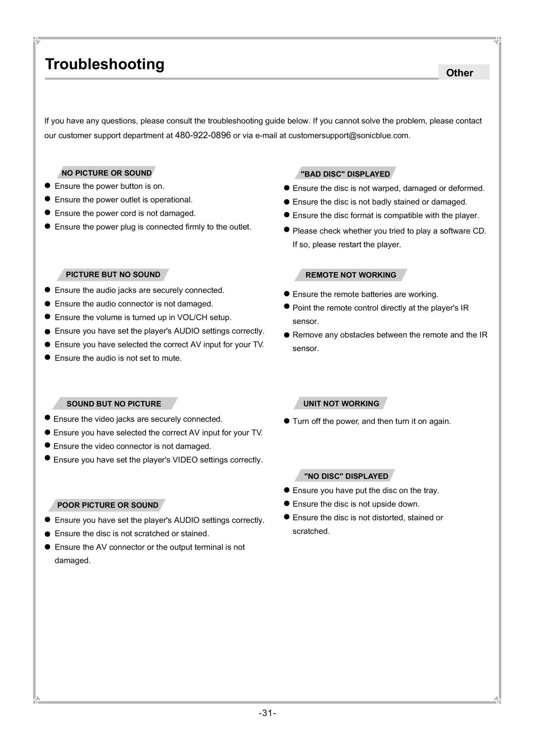 Dolby Laboratories DVP650 user manual Troubleshooting, Other 