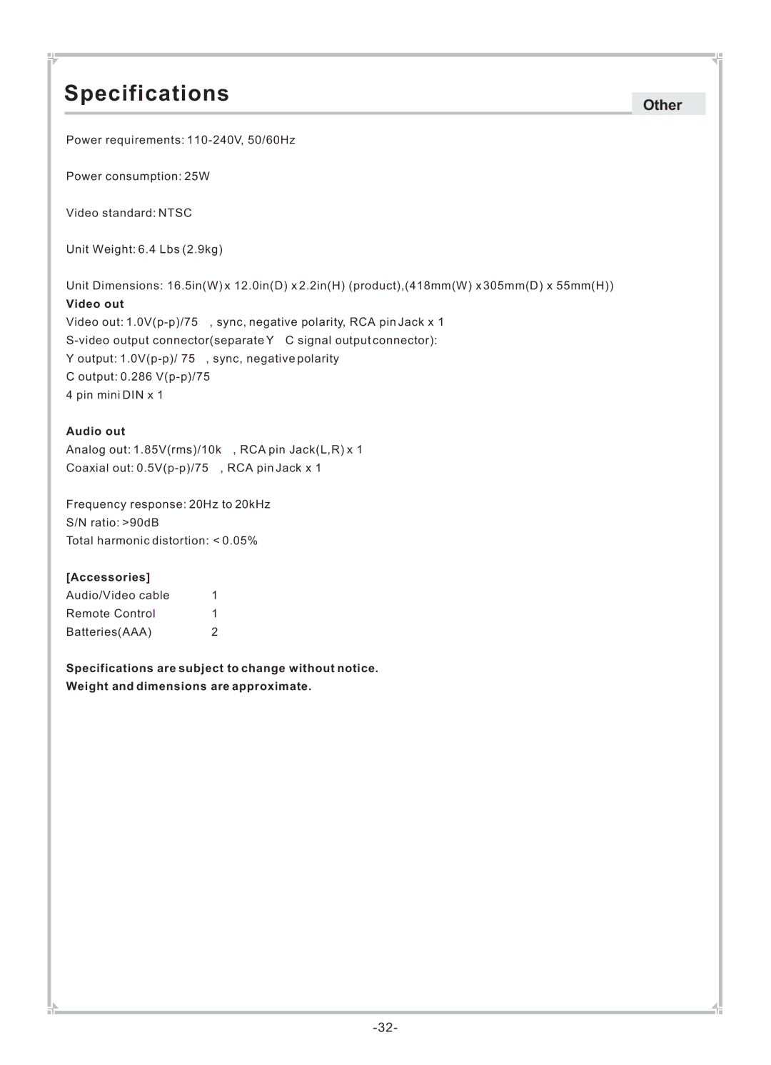 Dolby Laboratories DVP650 user manual Specifications 