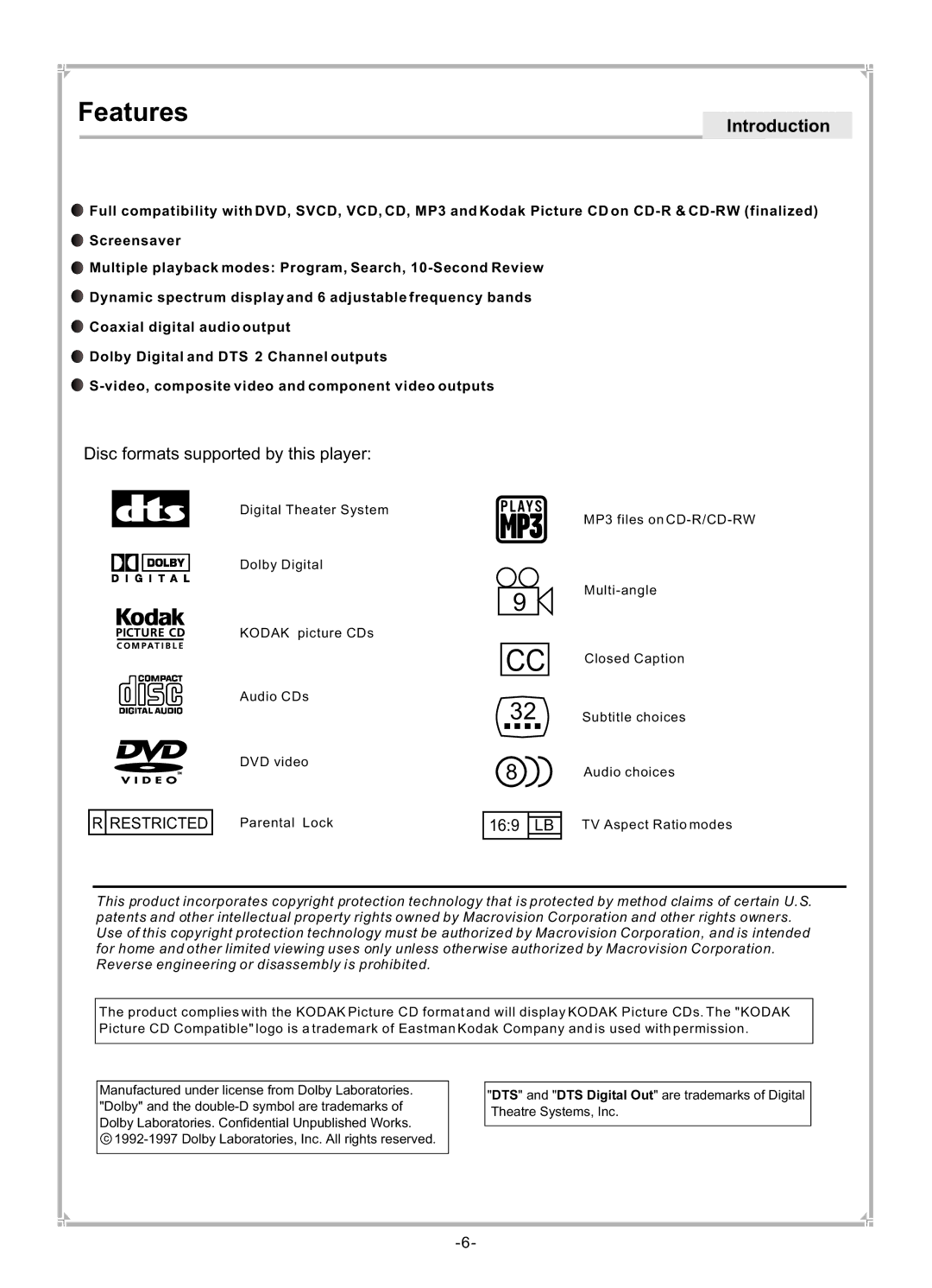 Dolby Laboratories DVP650 user manual Features, Disc formats supported by this player 