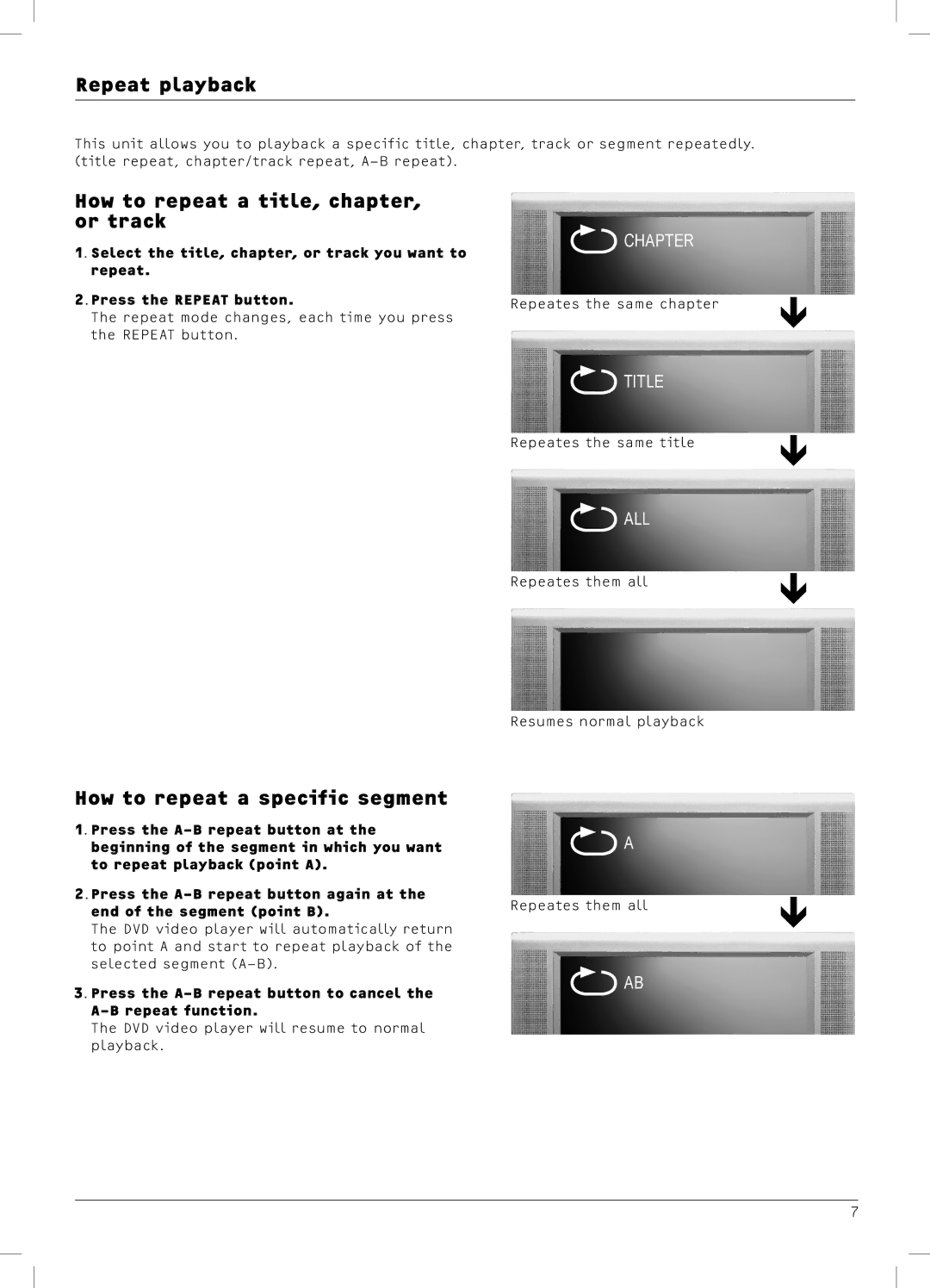 Dolby Laboratories DX4 manual Repeat playback, How to repeat a title, chapter, or track, How to repeat a specific segment 