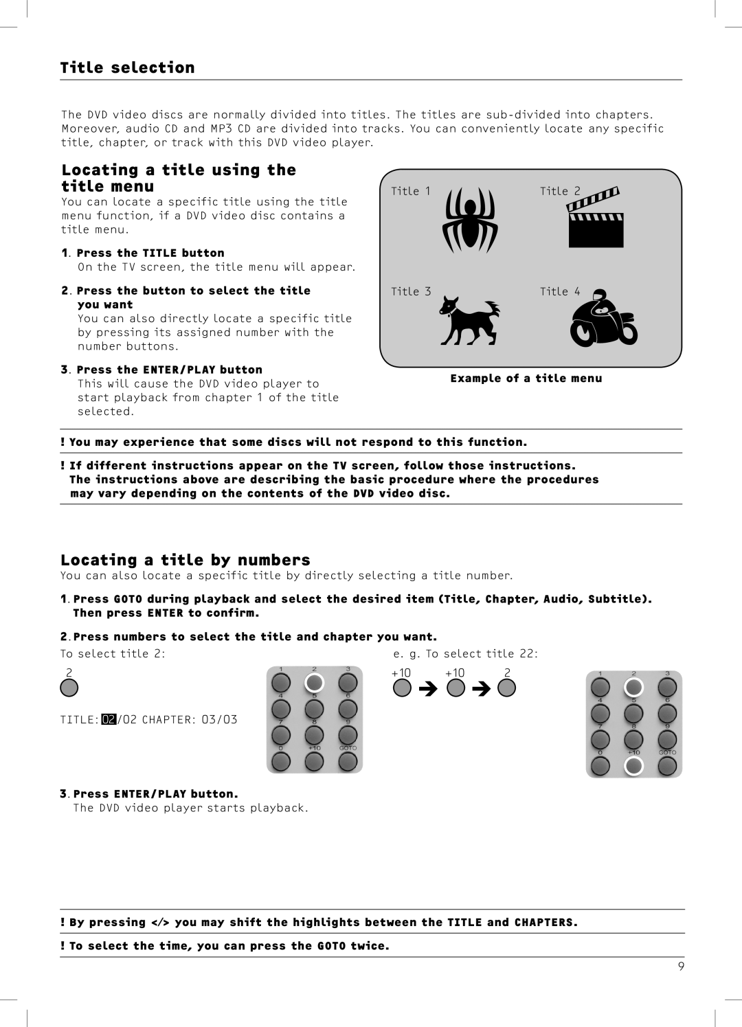 Dolby Laboratories DX4 manual Title selection, Locating a title using the title menu, Locating a title by numbers 