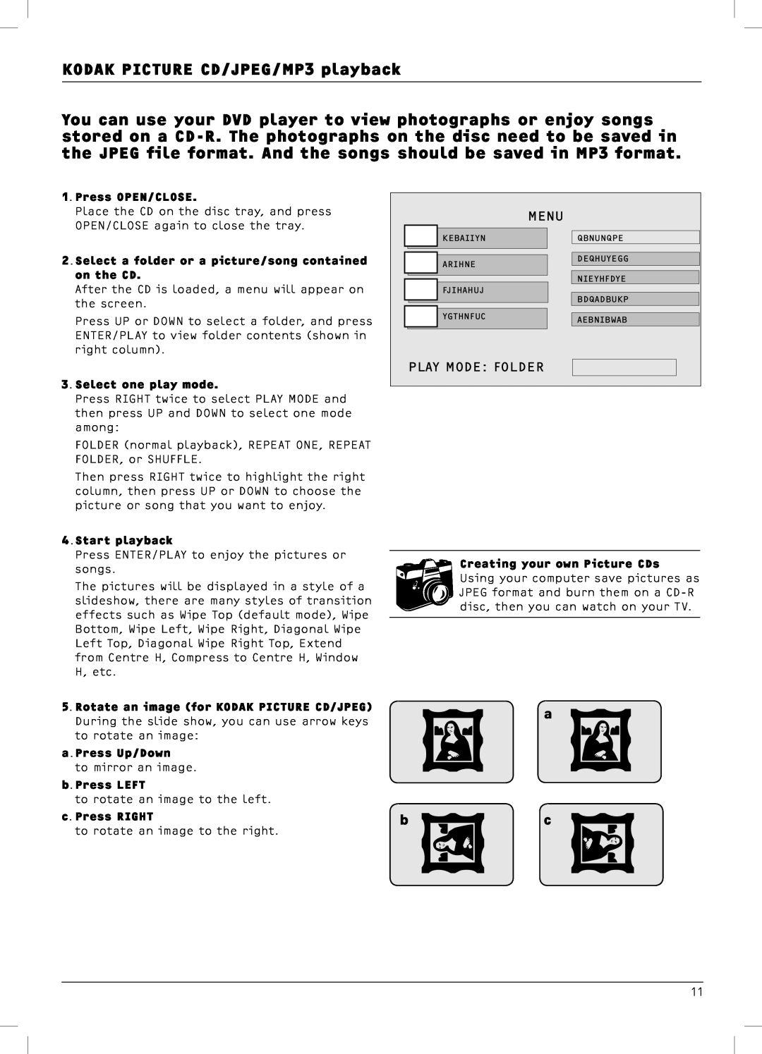 Dolby Laboratories DX4 manual KODAK PICTURE CD/JPEG/MP3 playback, a bc, Menu, Play Mode Folder 