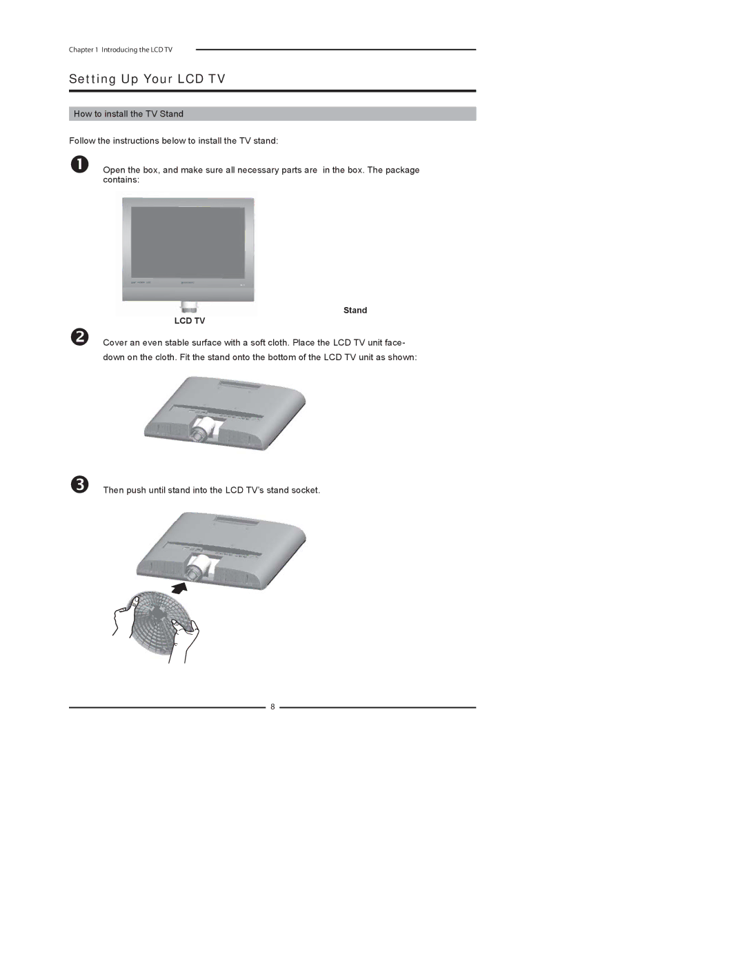 Dolby Laboratories FLX-1910 manual Setting Up Your LCD TV, Then push until stand into the LCD TV’s stand socket 