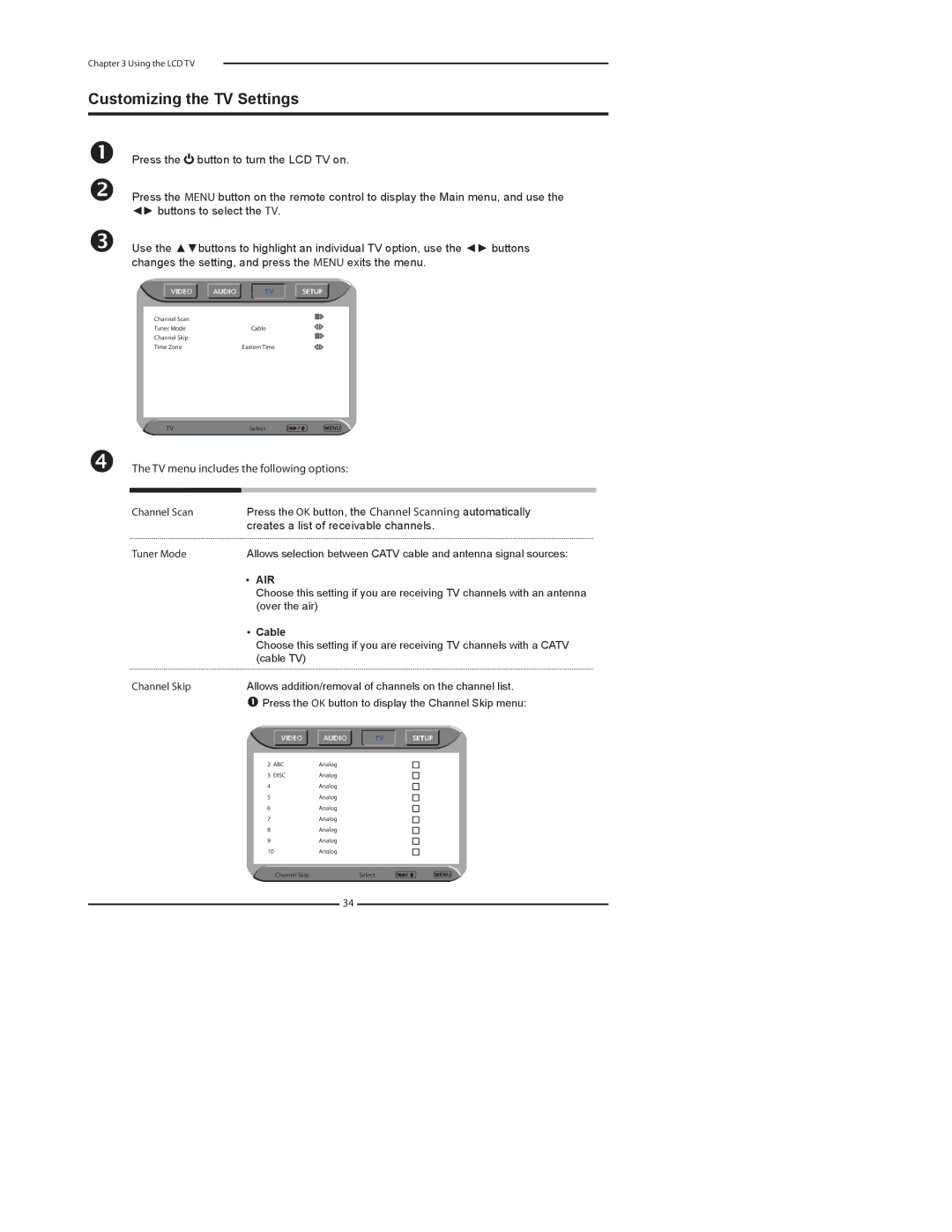 Dolby Laboratories FLX-1910 manual Customizing the TV Settings, TV menu includes the following options 