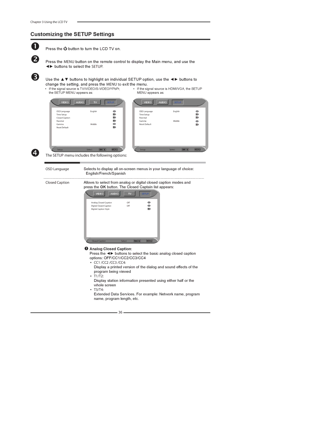 Dolby Laboratories FLX-1910 manual Customizing the Setup Settings, Setup menu includes the following options 