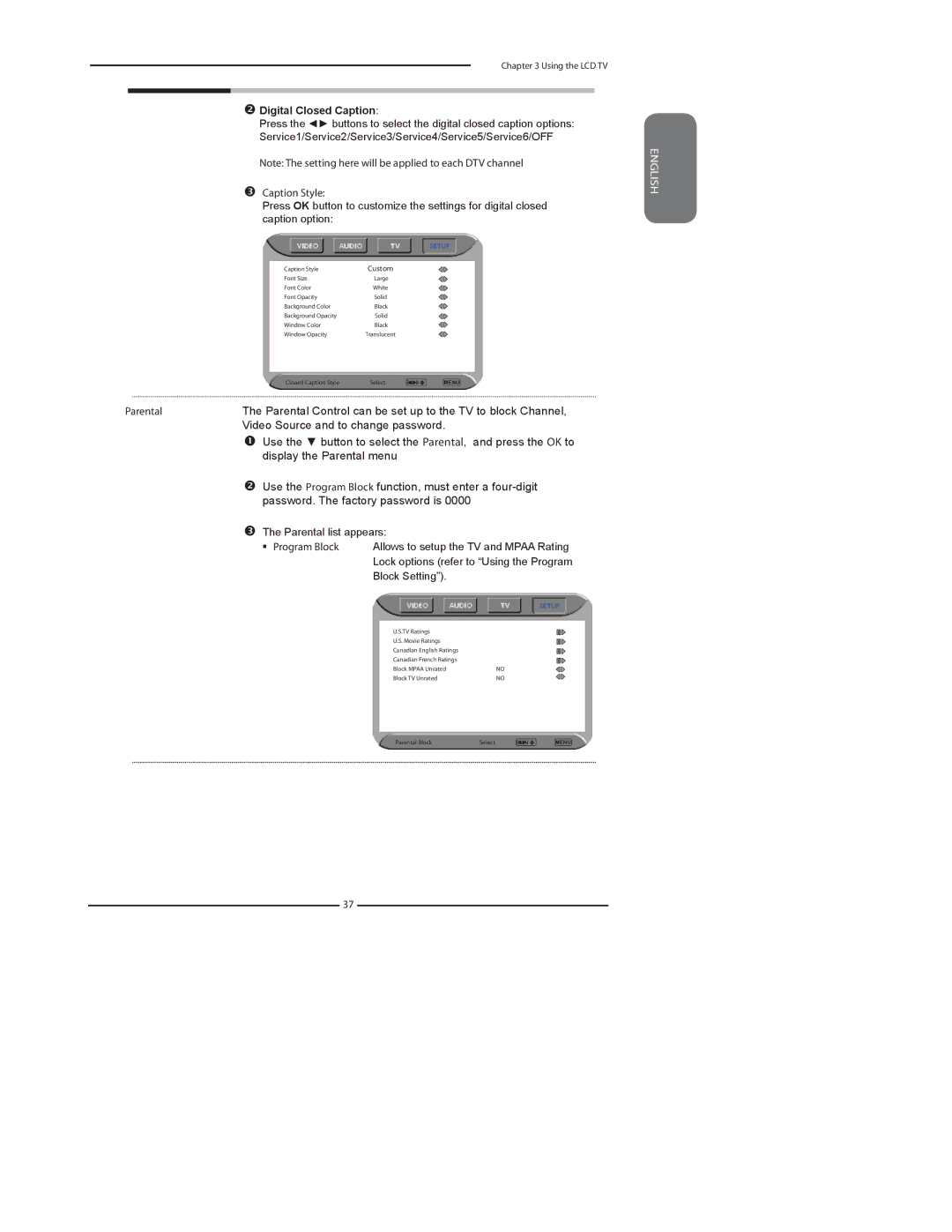 Dolby Laboratories FLX-1910 manual Video Source and to change password, Digital Closed Caption 