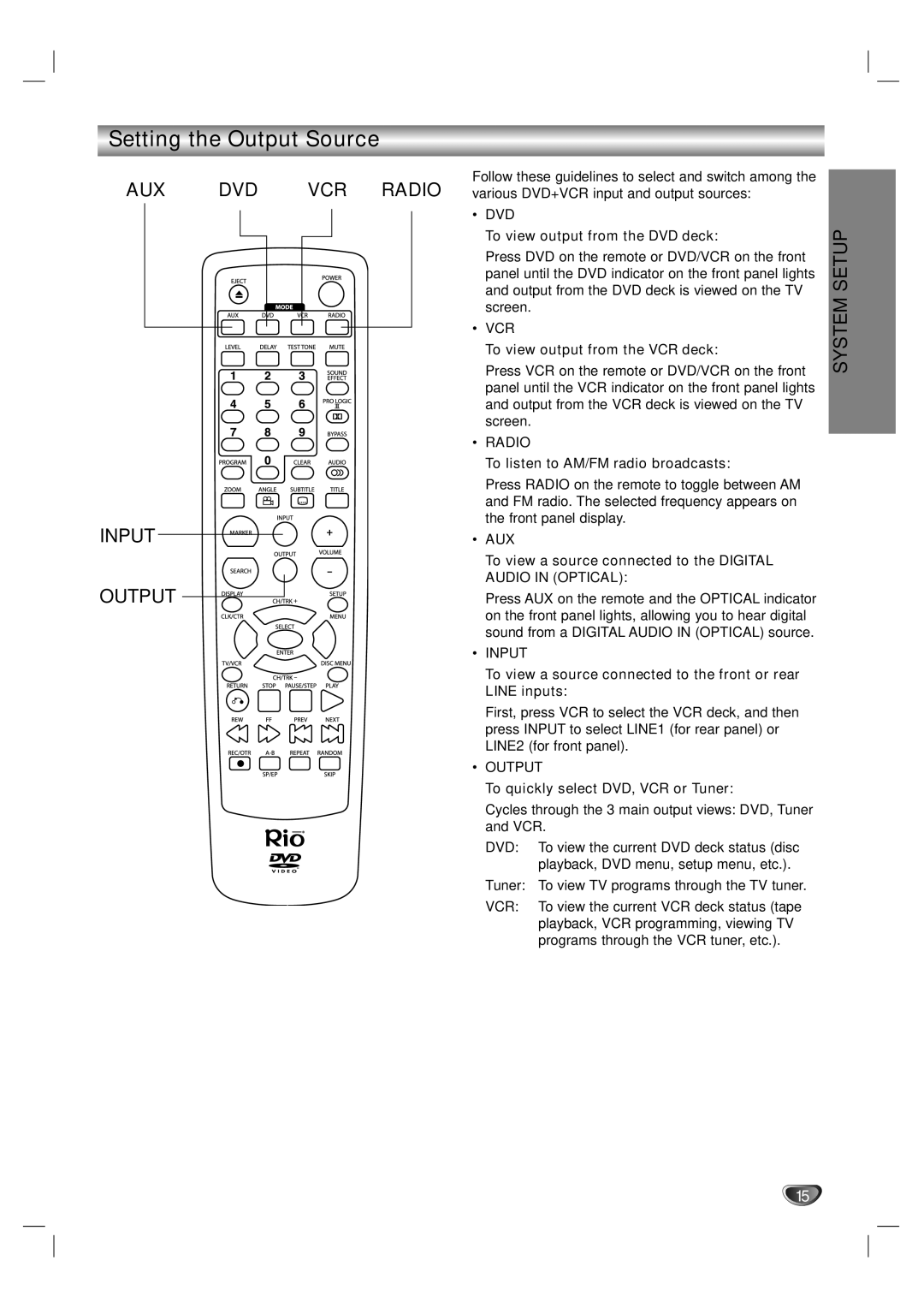 Dolby Laboratories HT2030 manual Setting the Output Source, Dvd, Vcr, Aux, Audio in Optical 