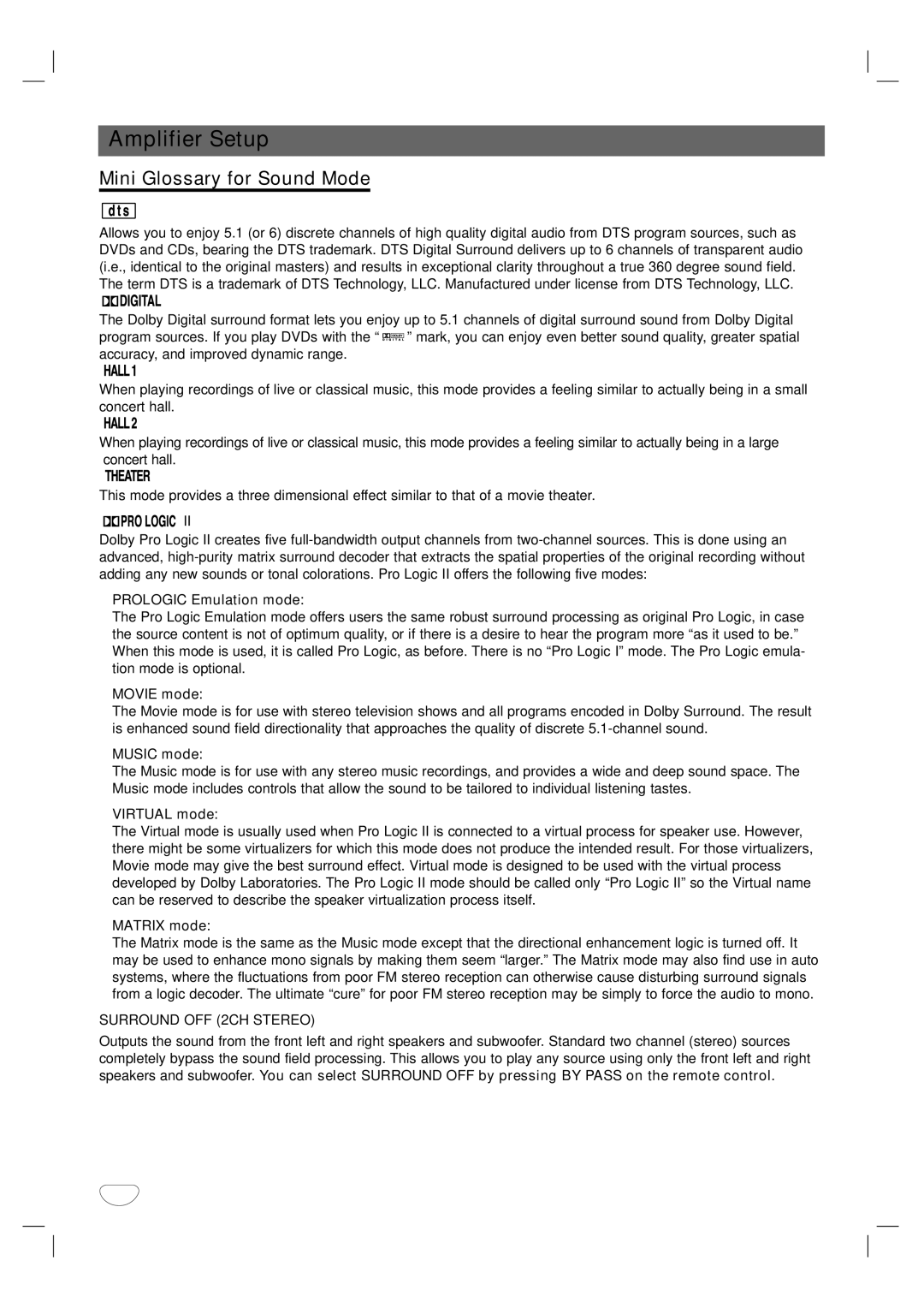 Dolby Laboratories HT2030 manual Amplifier Setup, Mini Glossary for Sound Mode, Surround OFF 2CH Stereo 