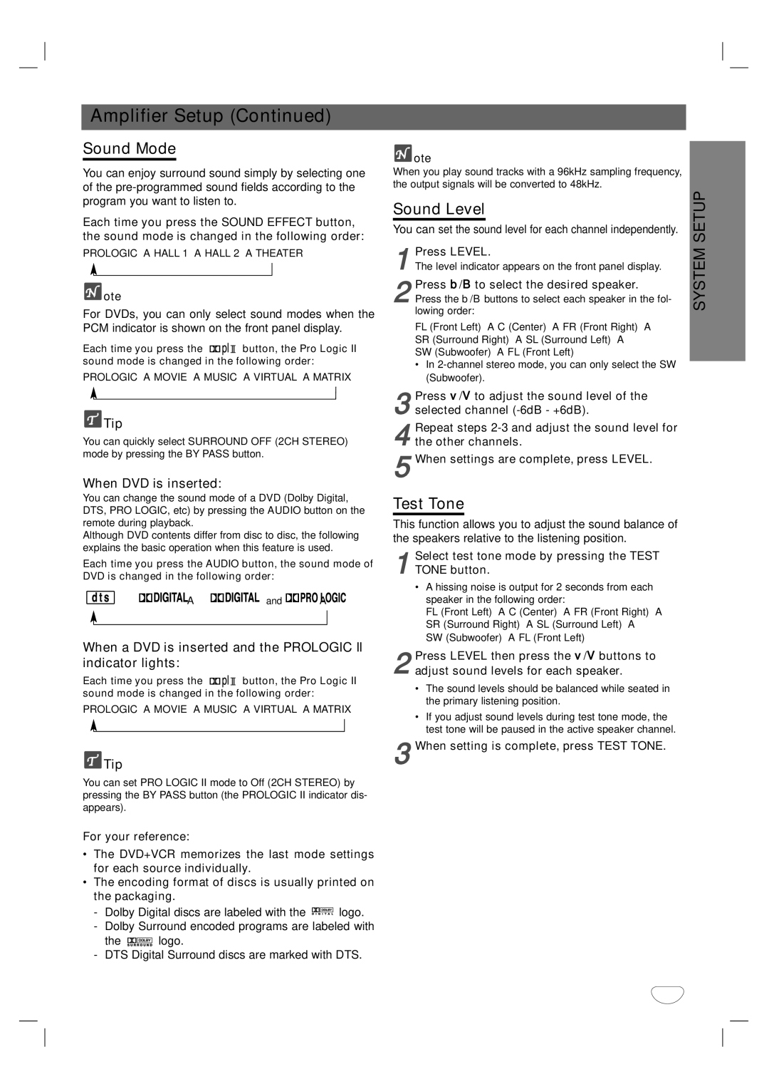 Dolby Laboratories HT2030 manual Sound Mode, Sound Level, Test Tone 