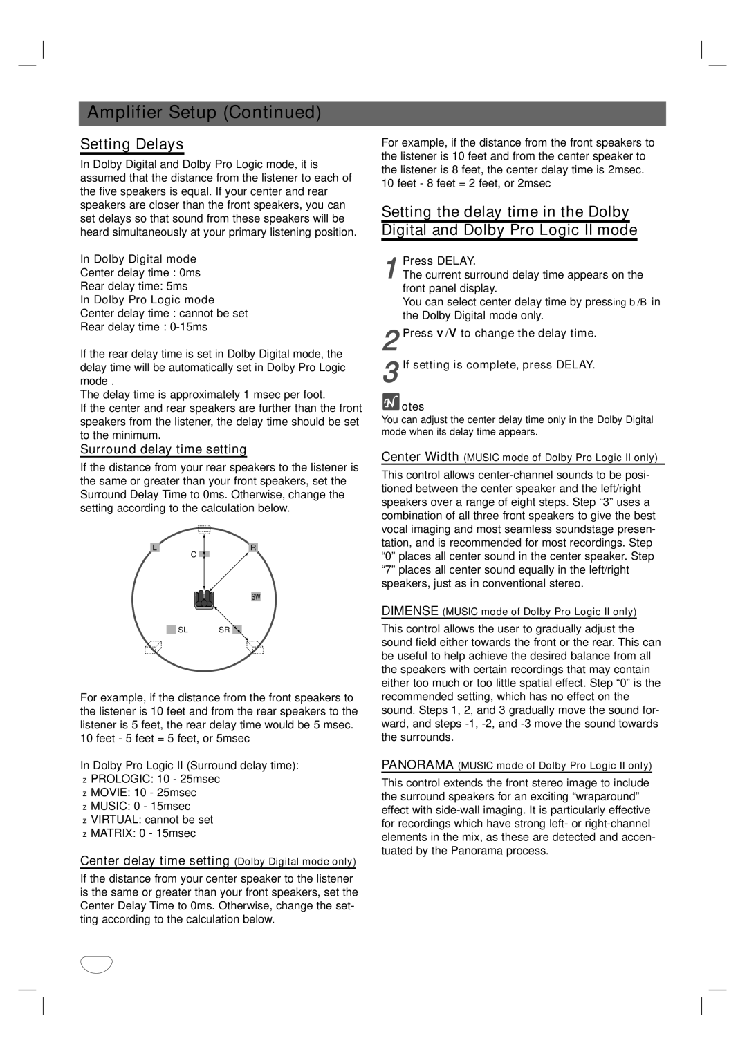 Dolby Laboratories HT2030 Setting Delays, Surround delay time setting, Center delay time setting Dolby Digital mode only 