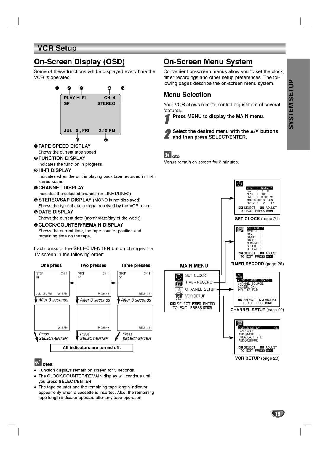 Dolby Laboratories HT2030 manual VCR Setup On-Screen Display OSD, On-Screen Menu System, Menu Selection 