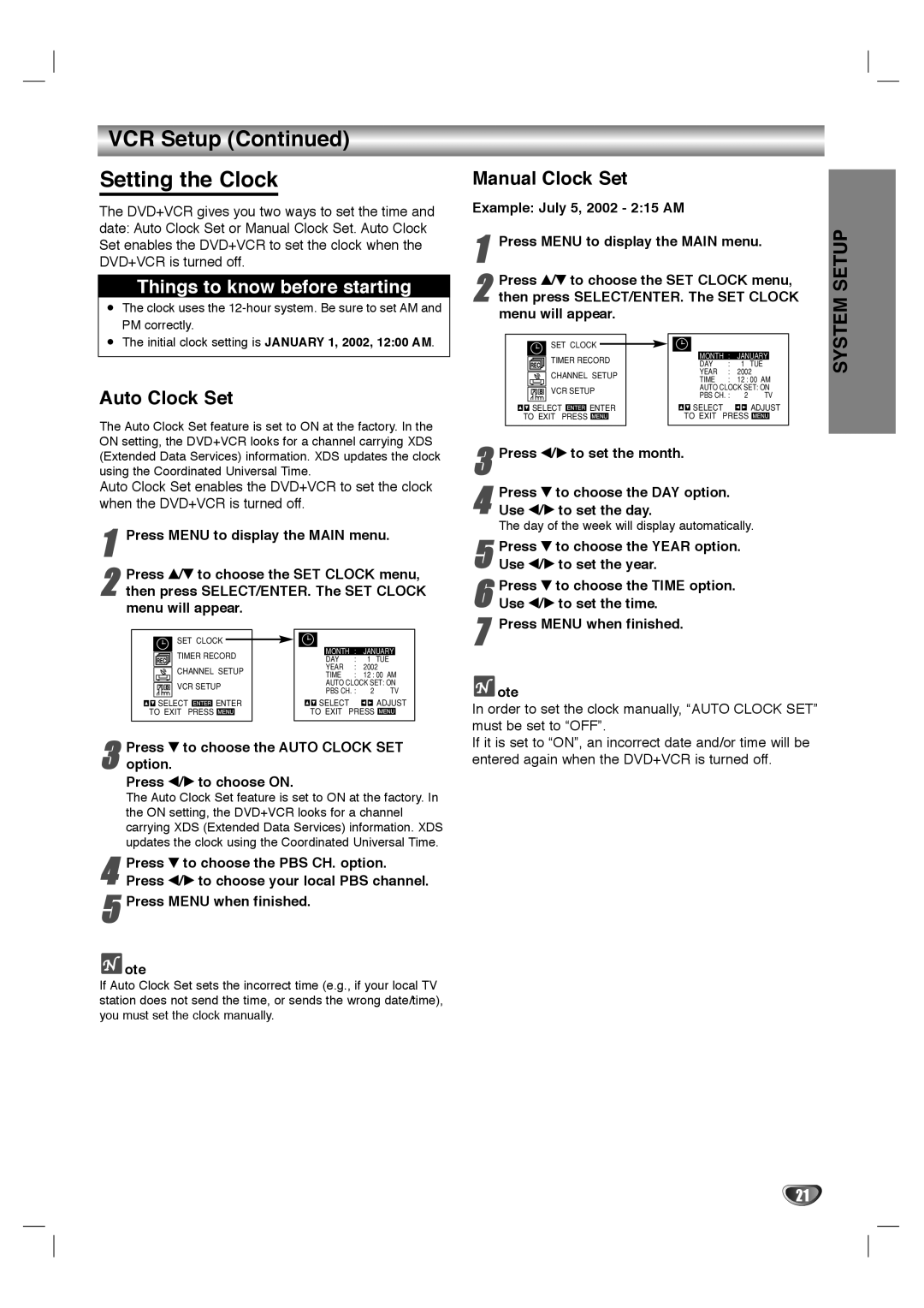 Dolby Laboratories HT2030 manual VCR Setup Setting the Clock, Auto Clock Set, Manual Clock Set 