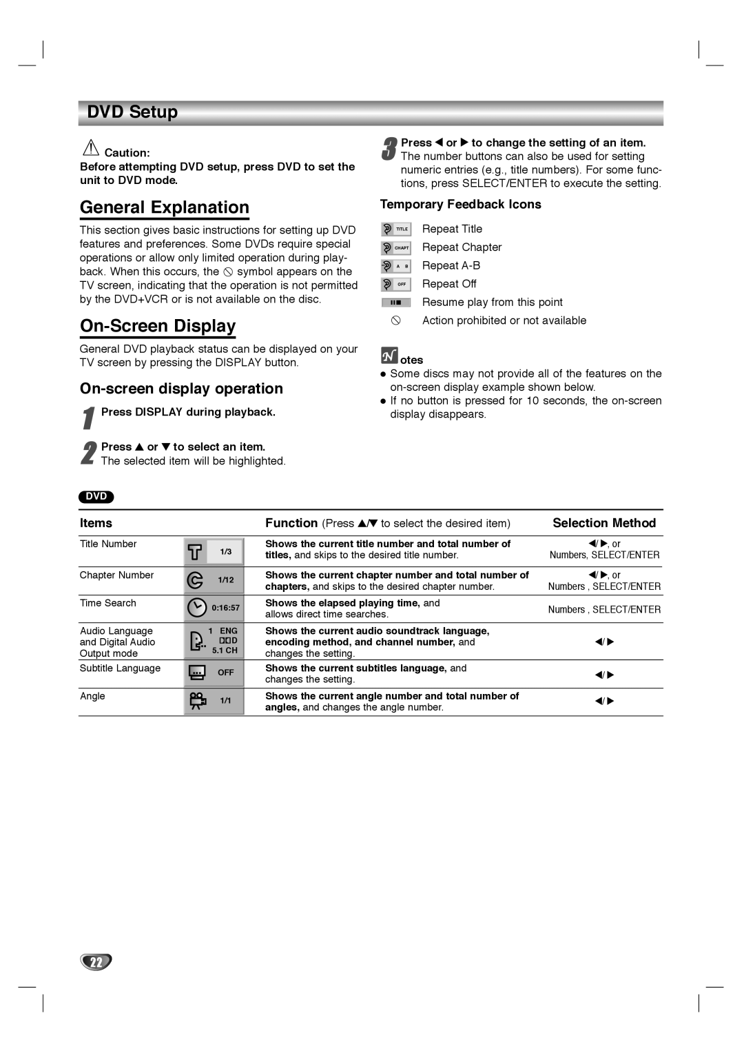 Dolby Laboratories HT2030 manual DVD Setup, General Explanation, On-Screen Display, On-screen display operation 