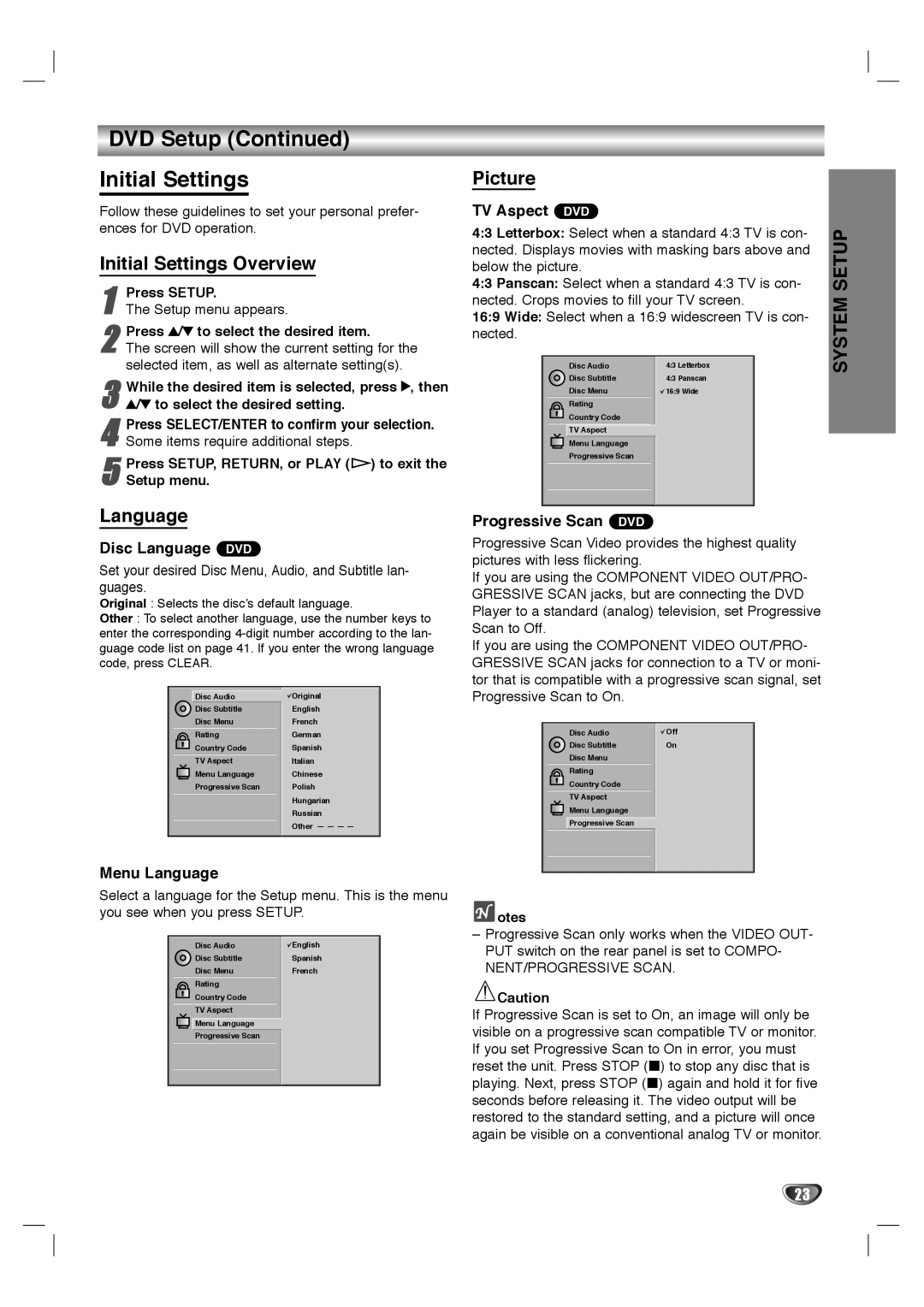 Dolby Laboratories HT2030 manual DVD Setup Initial Settings, Initial Settings Overview, Language, Picture 