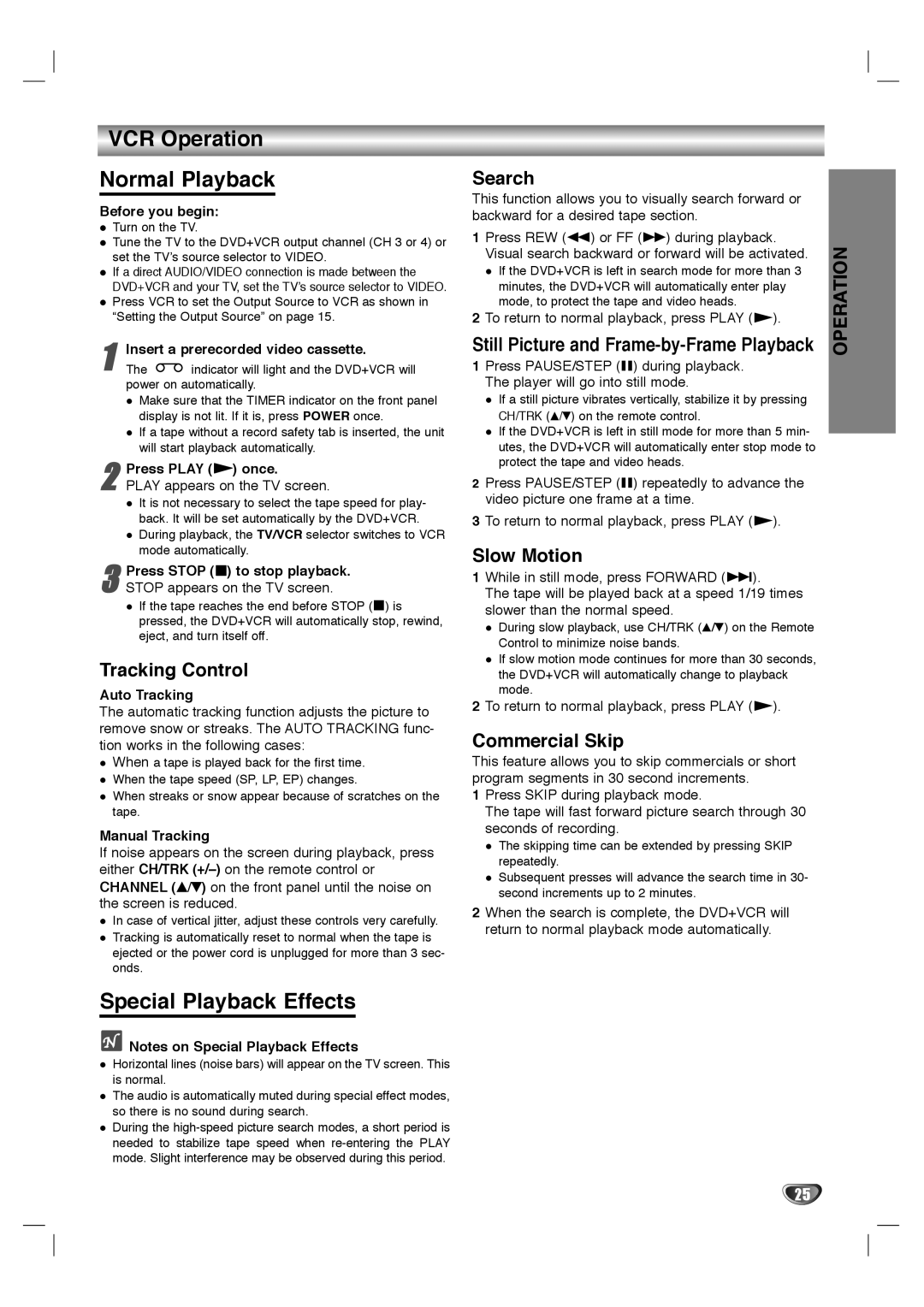 Dolby Laboratories HT2030 manual VCR Operation Normal Playback, Special Playback Effects 