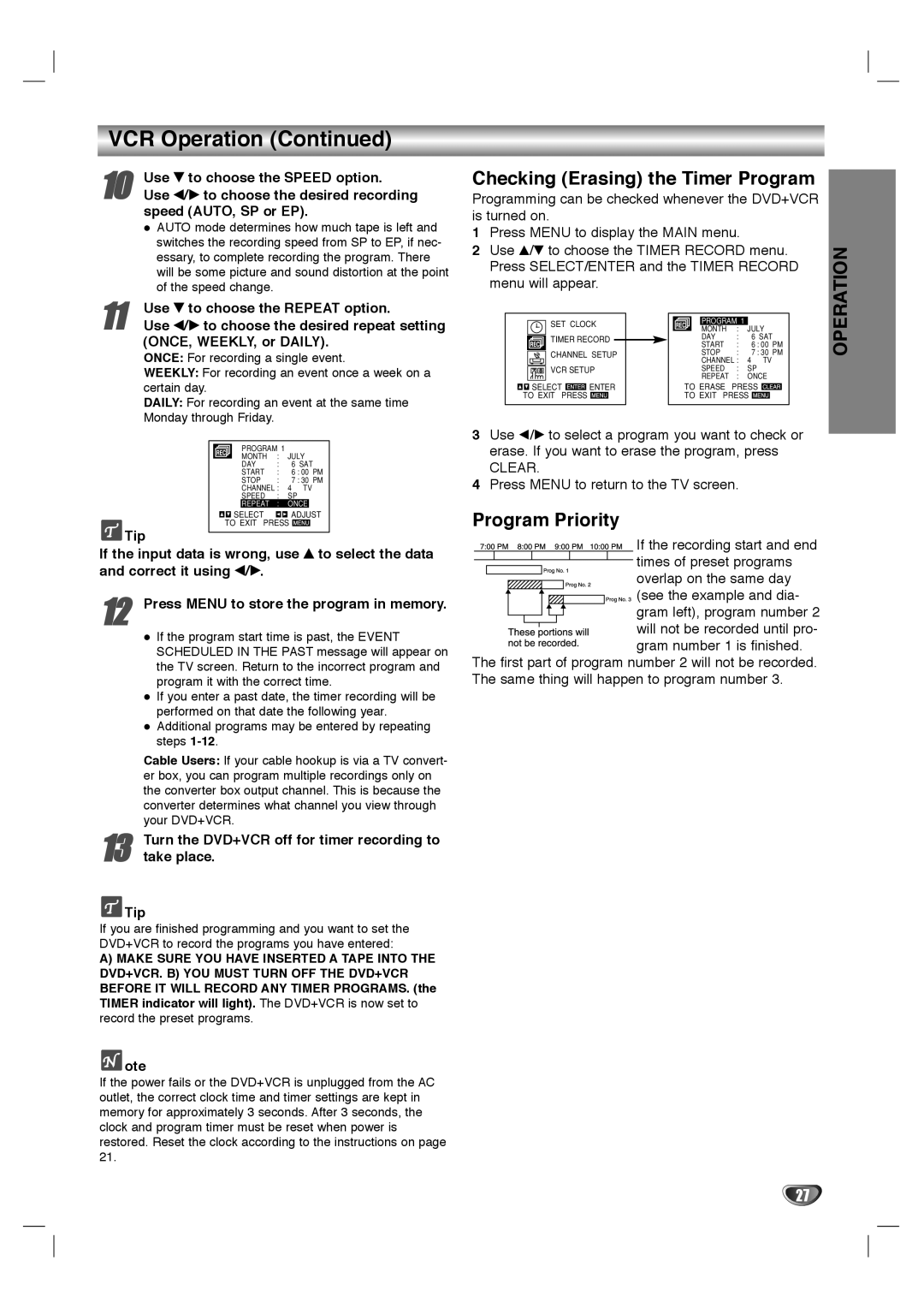 Dolby Laboratories HT2030 manual VCR Operation, Checking Erasing the Timer Program, Program Priority 