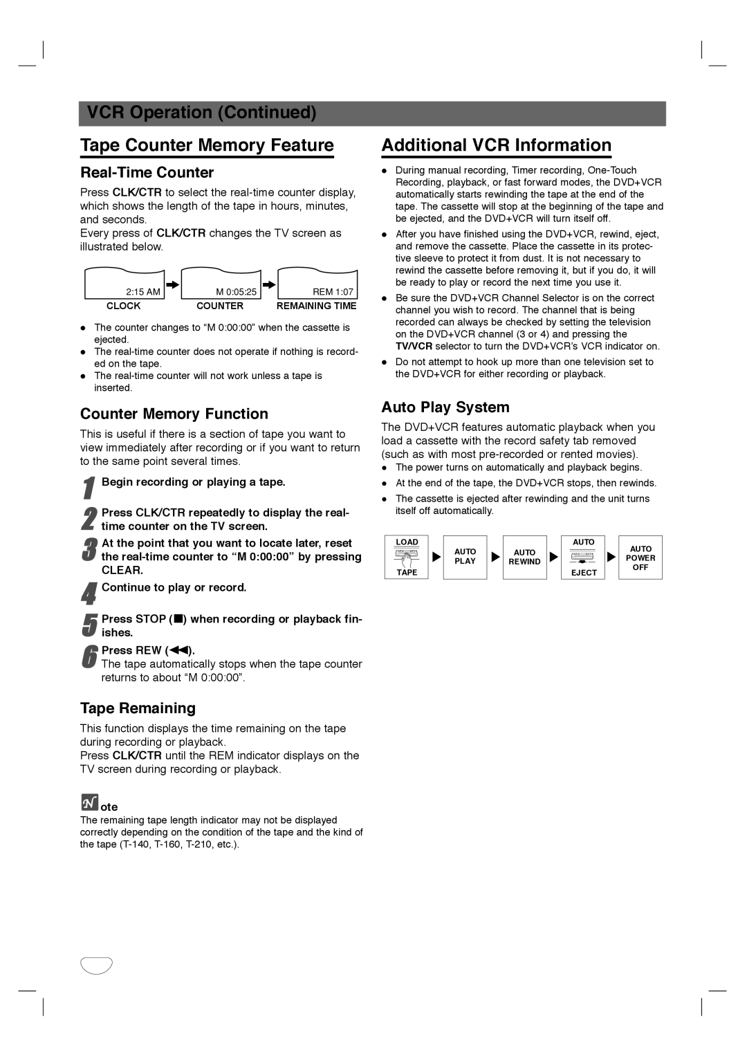 Dolby Laboratories HT2030 manual VCR Operation Tape Counter Memory Feature, Additional VCR Information 