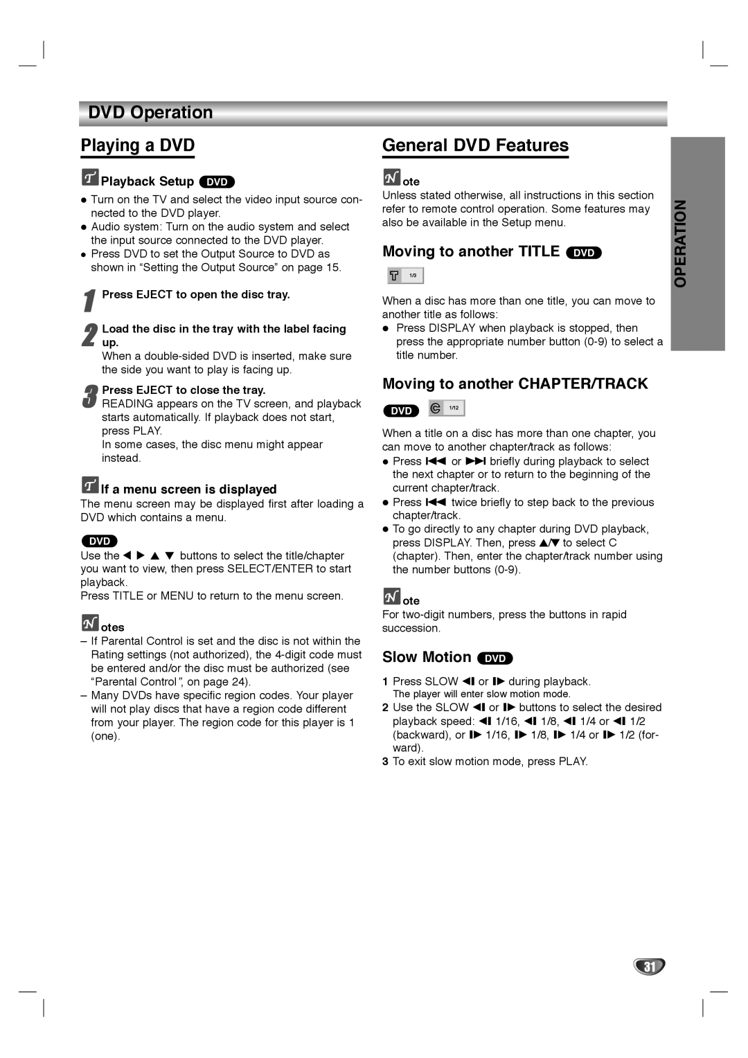 Dolby Laboratories HT2030 DVD Operation Playing a DVD, General DVD Features, Moving to another Title DVD, Slow Motion DVD 